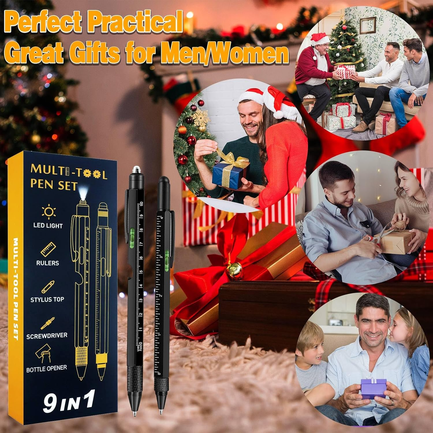 2Pcs Gifts for Men, 9 in 1 Multitool Pen Set - Cool Gadgets for Fathers, Husband, Boyfriend, Grandpa on Christmas Birthday Gifts, Multi Tool Ballpoint Pen Stocking Stuffers for Him Teens (Black-Black)
