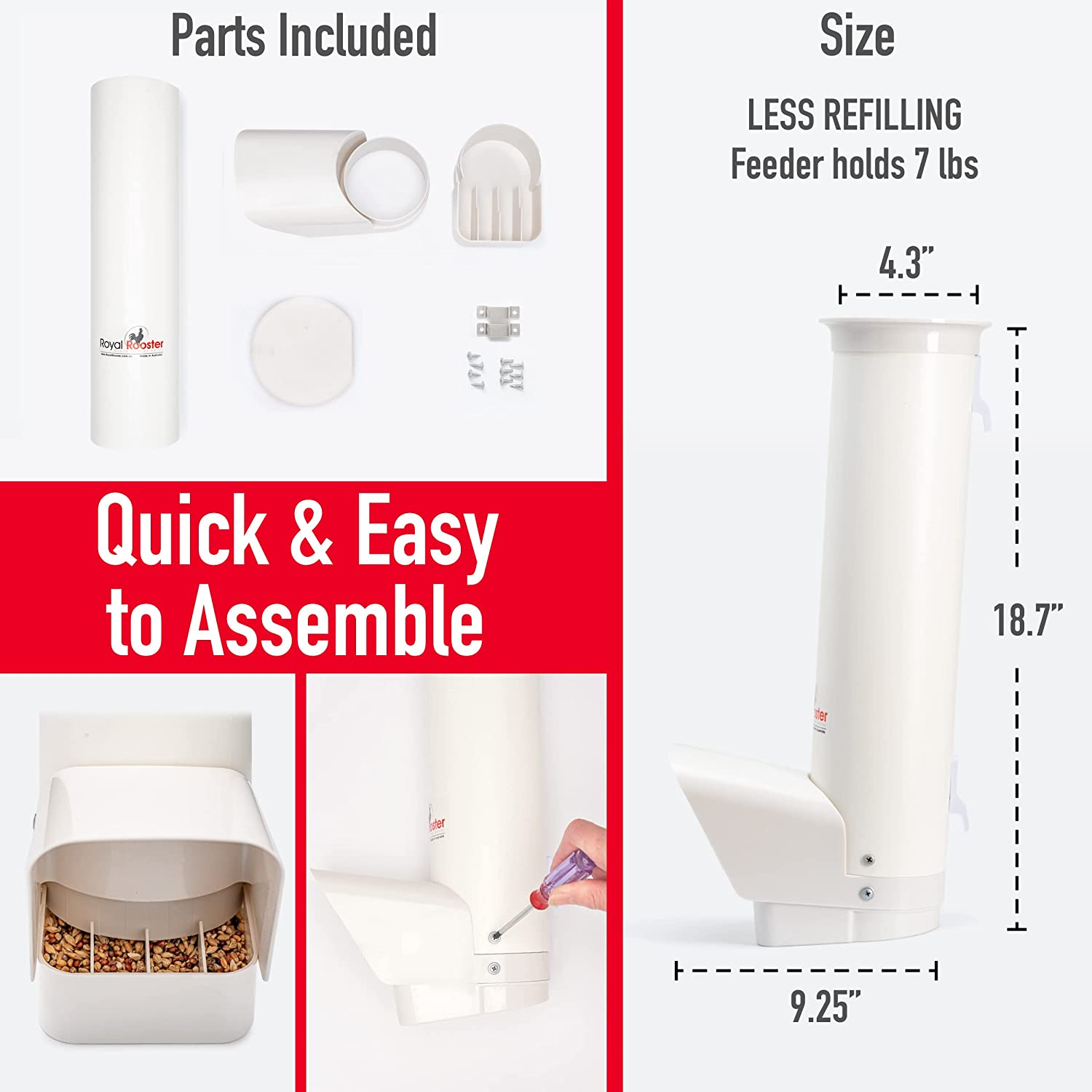 Royal Rooster Automatic Chicken Feeder with Gravity Feed Dispenser - 3Kg Feeder for Chickens, Chicks & Mixed Poultry - Hanging Chicken Poultry Feeder - Auto PVC Chicken Poultry Feeder with Rain Cover image number 2