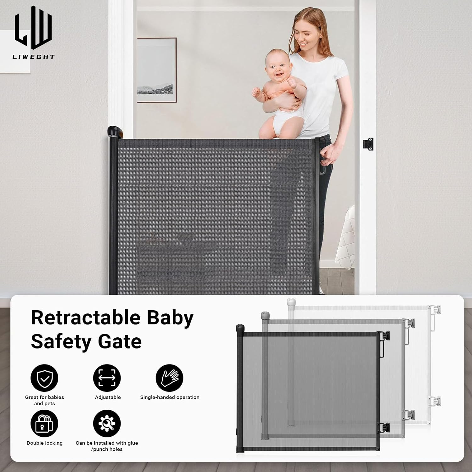 Retractable Baby Gate Durable Portable Mesh Gate Easy Installation 86CM Tall Stretches 180CM Wide for Large Stairs Retractable Dog Gates for Doorways Stairs Indoor Outdoor(White,86Cmx180Cm) image number 6