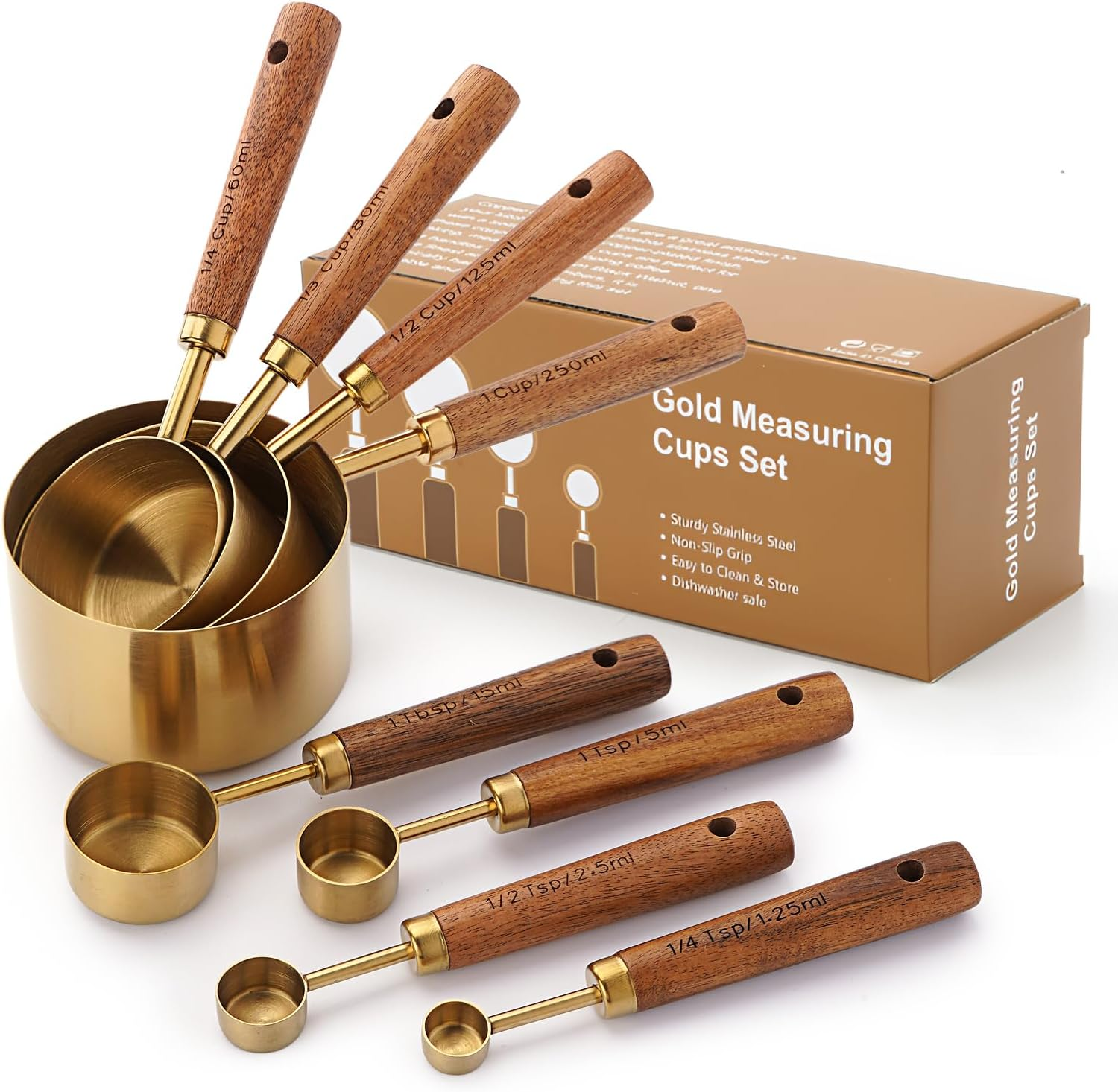 Gold Measuring Cups and Spoons Set with Wood Handles, Premium Stainless Steel Measuring Spoons and Measuring Cups Set (Set-Rose Gold)