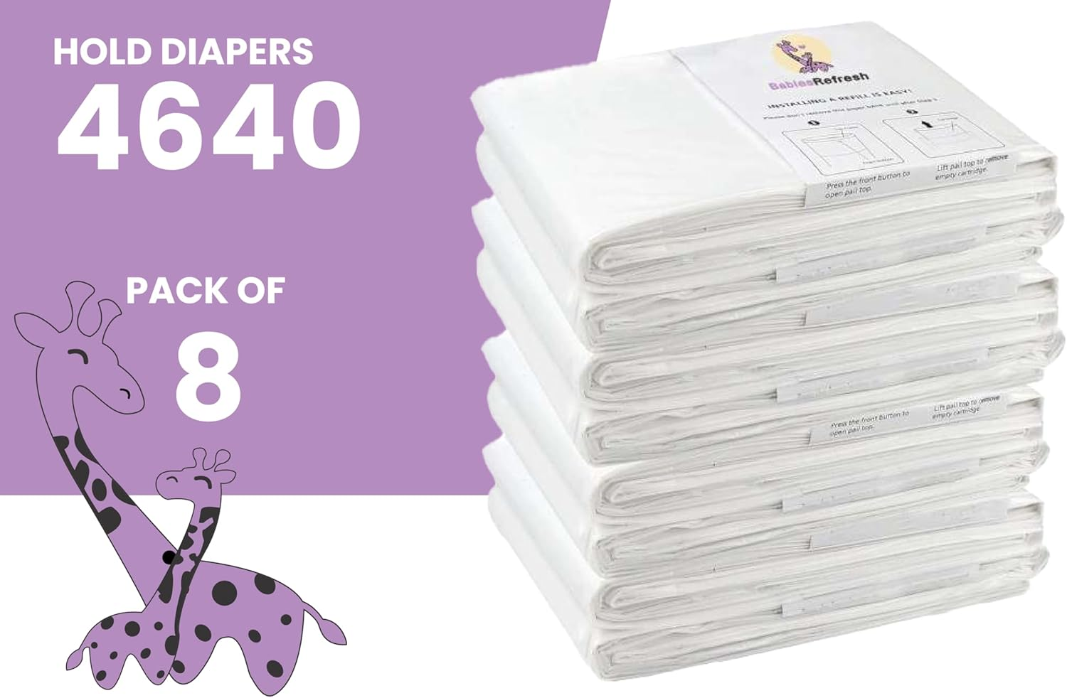 Refills Compatible with DEKOR plus Diaper Pail Refills | 8 Pack | Diaper Pail Odor Eliminator| Fresh Powder Scent | Each Diaper Bag Refill Holds up to 4640 Diapers | Diaper Bin Refill image number 1