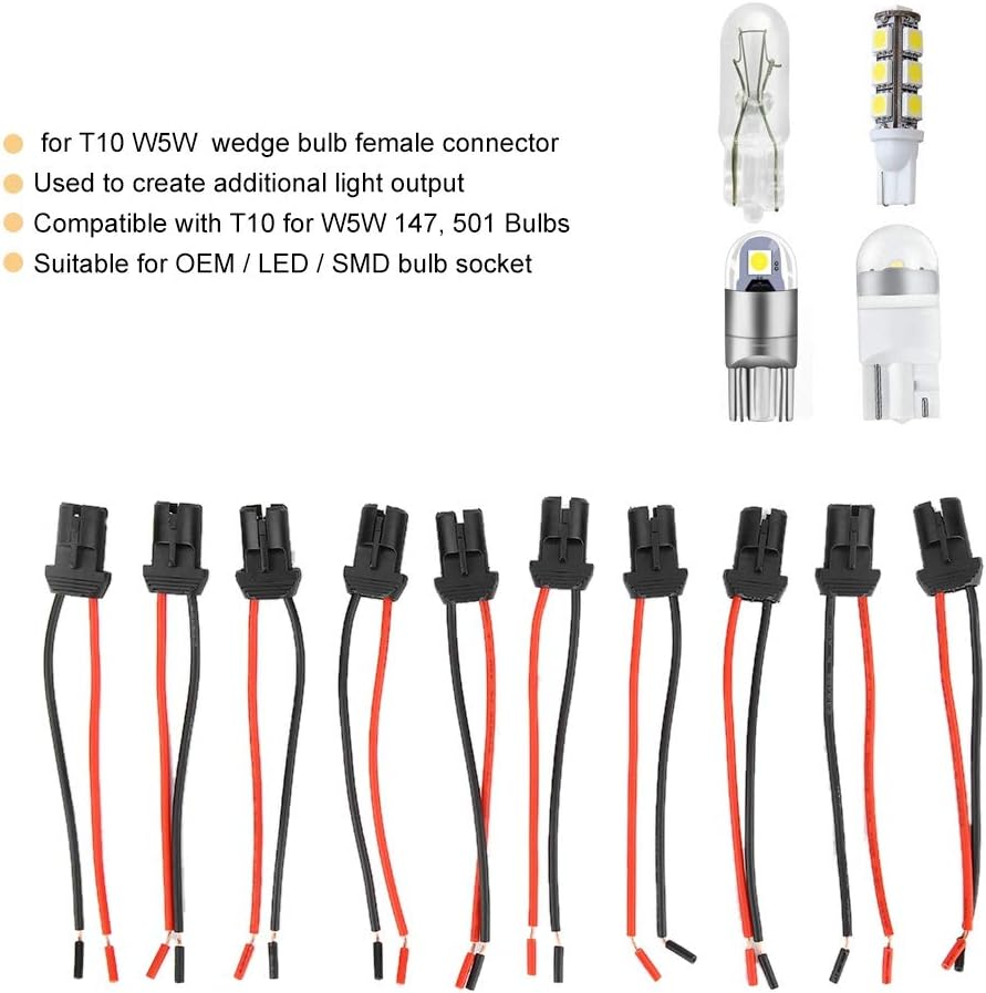 Akozon Pack of 10 T10 Female Bulb Connector for Car, Truck and Boat, Socket Base for LED Wedge Light Lamp Holder