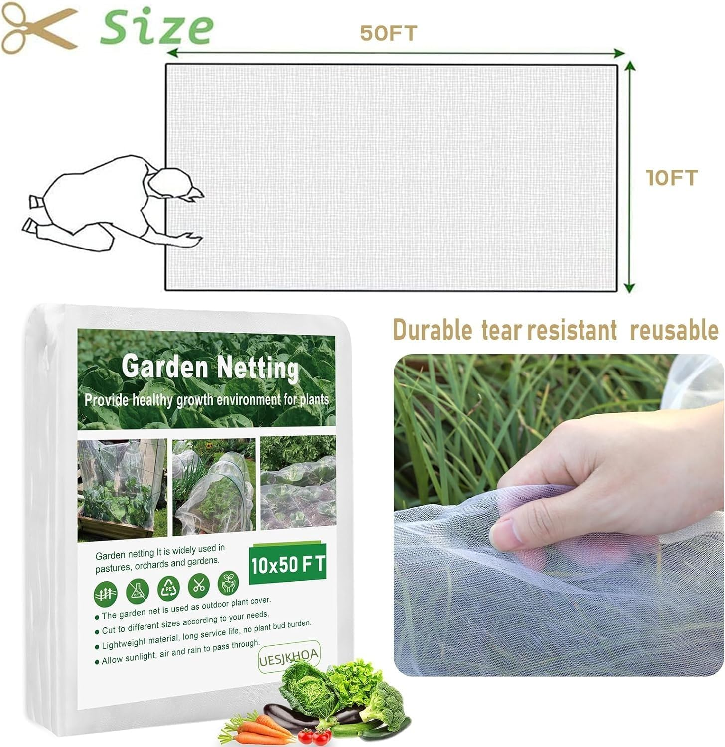 Garden Netting 10X 50Ft,Garden Mesh Barrier,Ultra Fine Protective Mesh,Reusable Plant Cover for Protecting Vegetables, Fruits,Plants Flowers Garden Netting for Raised Beds (Garden Netting)