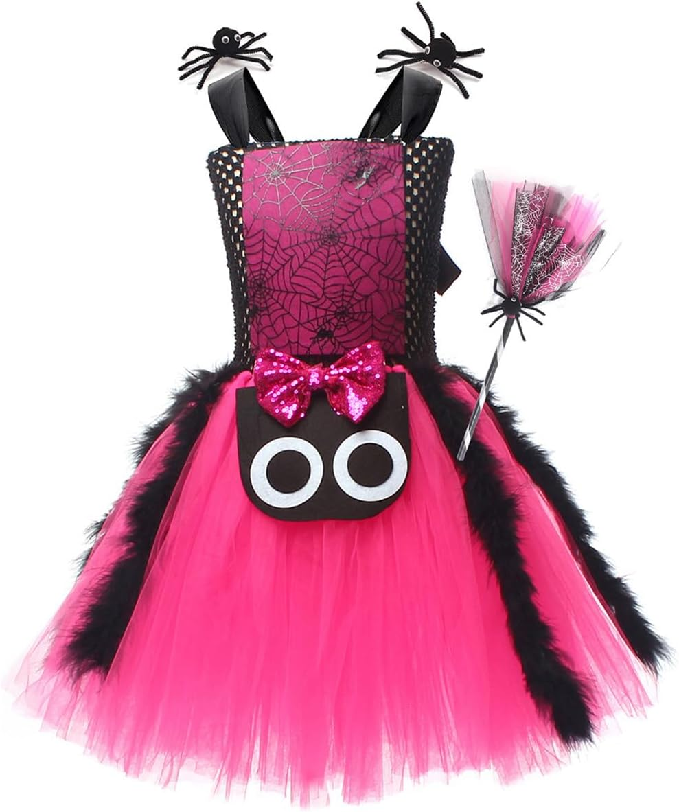 IBAKOM Witch Costume Girls Halloween Costume Children 2-Piece Cosplay Outfit Dress X 1 + Witch Broom X 1 Tulle Dress Wizard Costume Fancy Dress Costume for Carnival Cosplay Party Festival Rose Red 4-5 image number 2