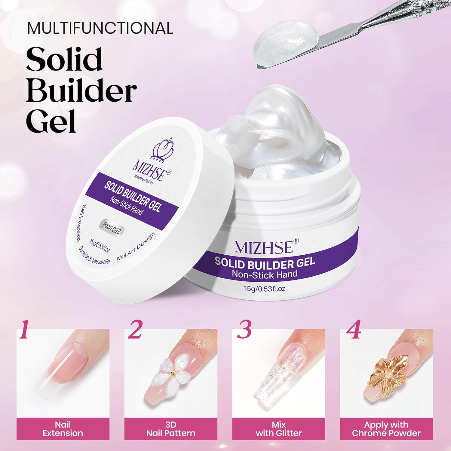 MIZHSE Solid Nail Builder Gel - Clear & Pearl White, 3D Nail Artgel, Non-Sticky Hard Gel for Sculpting, with Dual Form Silicone Pen for Carving & Decoration, Home DIY Manicure image number 2