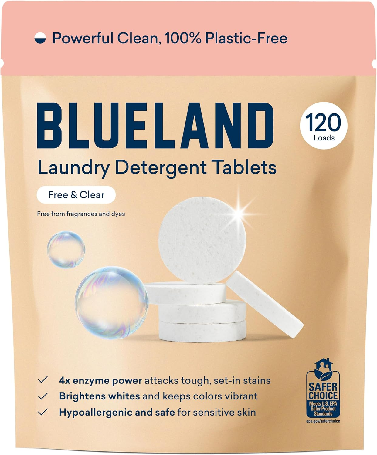 BLUELAND Laundry Detergent Tablets, 120 Count, Plastic-Free Eco-Friendly Pods, Sheets, Liquid Alternative - Fragrance Free and Clear, Natural, Gentle image number 1