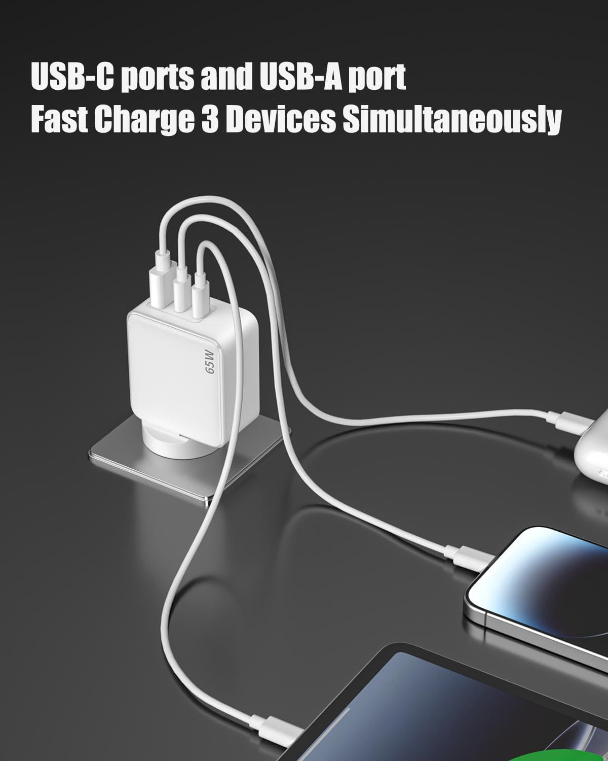 SCHITEC USB C Charger 65W Gan 3 Ports Fast Charging Block, PD3.0 Compact Power Adapter with 1M USB-C Cable for Macbook Pro/Air, Dell XPS, Iphone 16/15/14, Ipad, Galaxy S25, Pixel 9/8（White image number 2