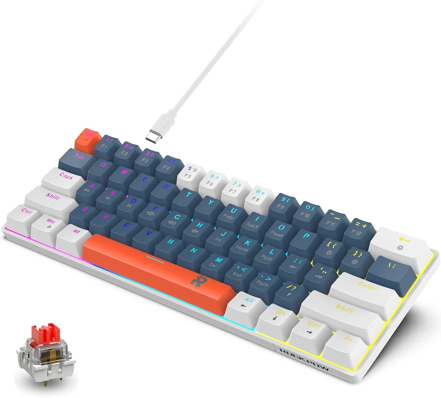 ROCK POW 70% Wired Mechanical Gaming Keyboard, 84Keys RGB Backlit Ultra-Compact Mini Keyboard, Waterproof Mini Compact for Pc/Mac Gamer, Typist, Easy Carry on Trip Blue Switch