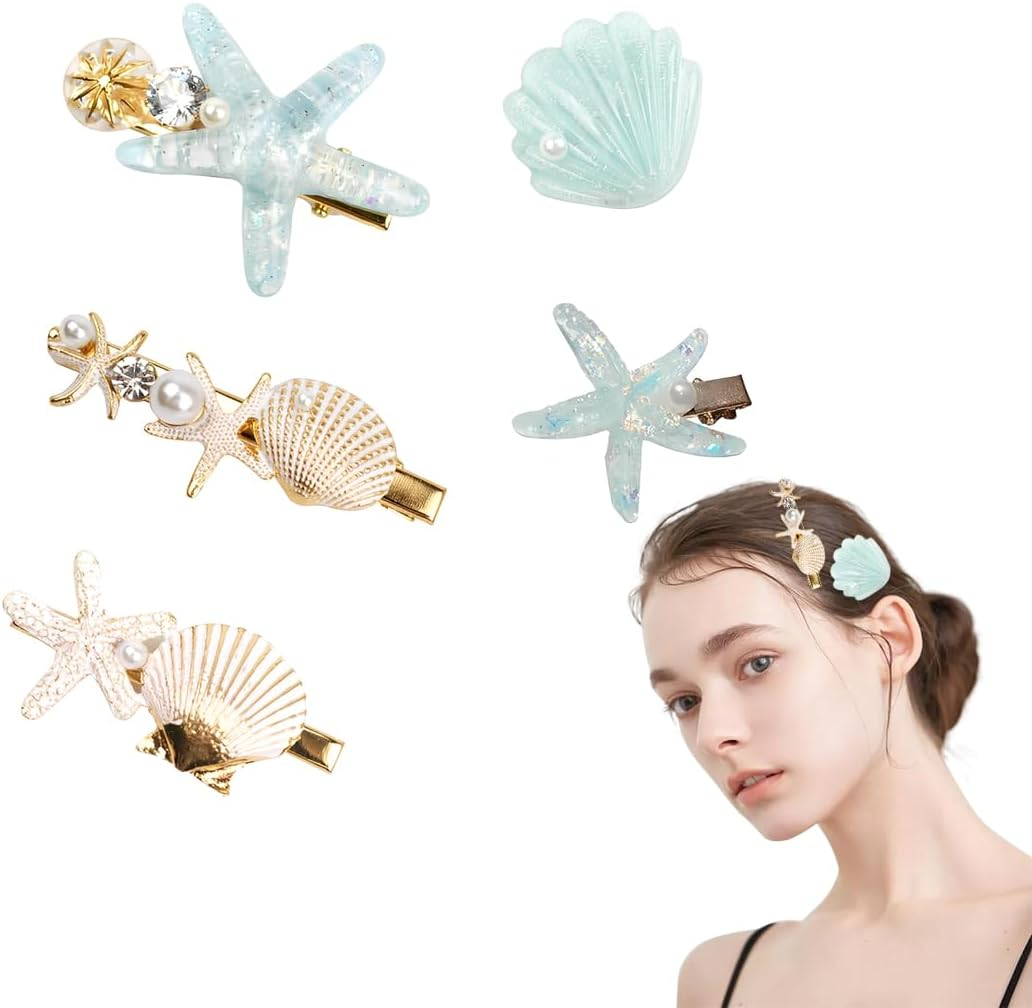 YUZNA Pack of 5 Starfish Hair Clips Shell Hair Pin Hair Clip Starfish Shell Pearl Starfish Hair Clips Shells Hair Accessories Hair Clip Starfish image number 5