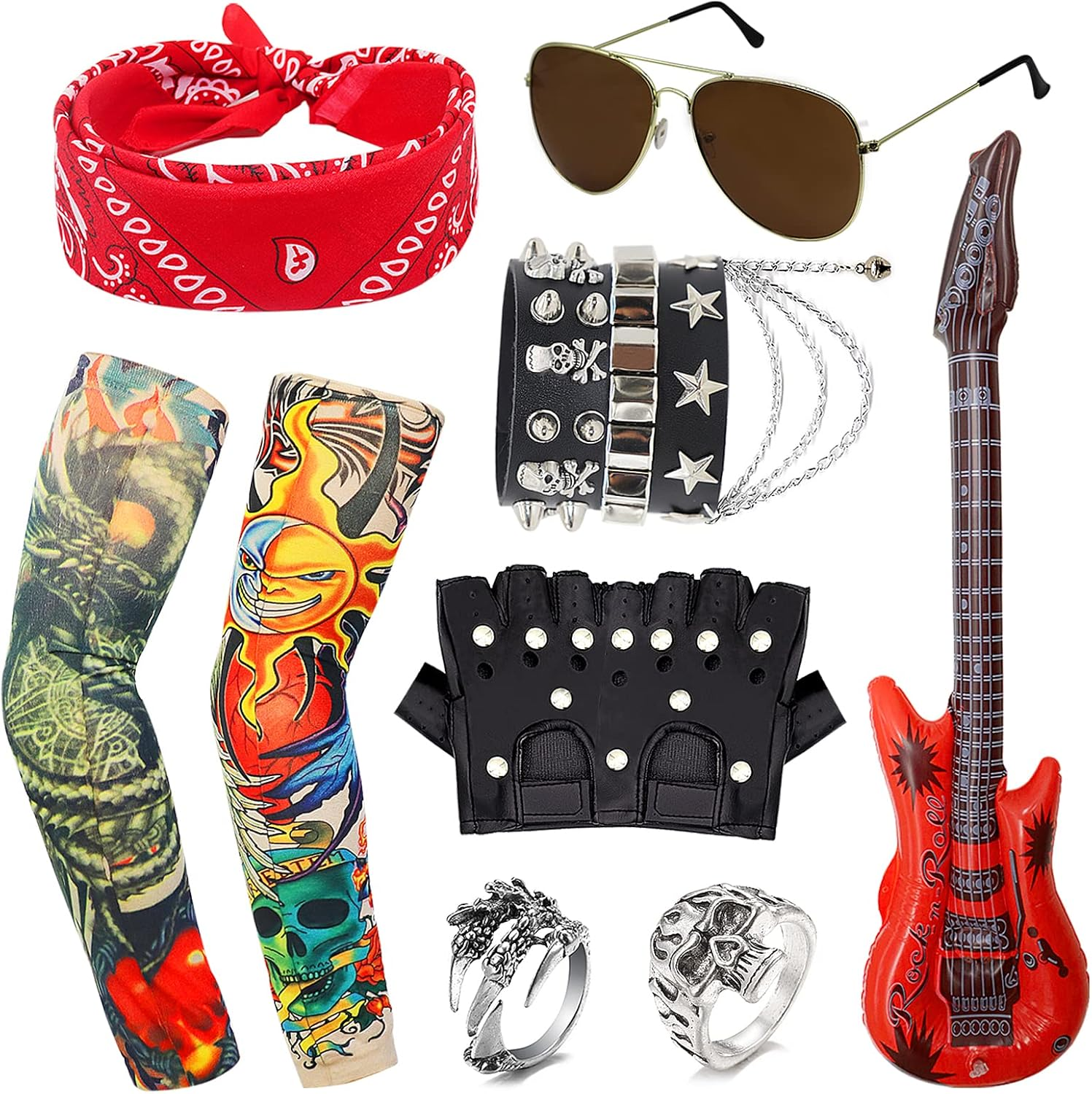 11Pcs Punk Gothic Rocker Costume Set, Rock Heavy Metal Accessories with Retro Sunglasses Gloves Bandana Fake Tattoo Sleeves Bracelet Rings Inflatable Guitar for Women Men Halloween 80S Disco Party image number 1