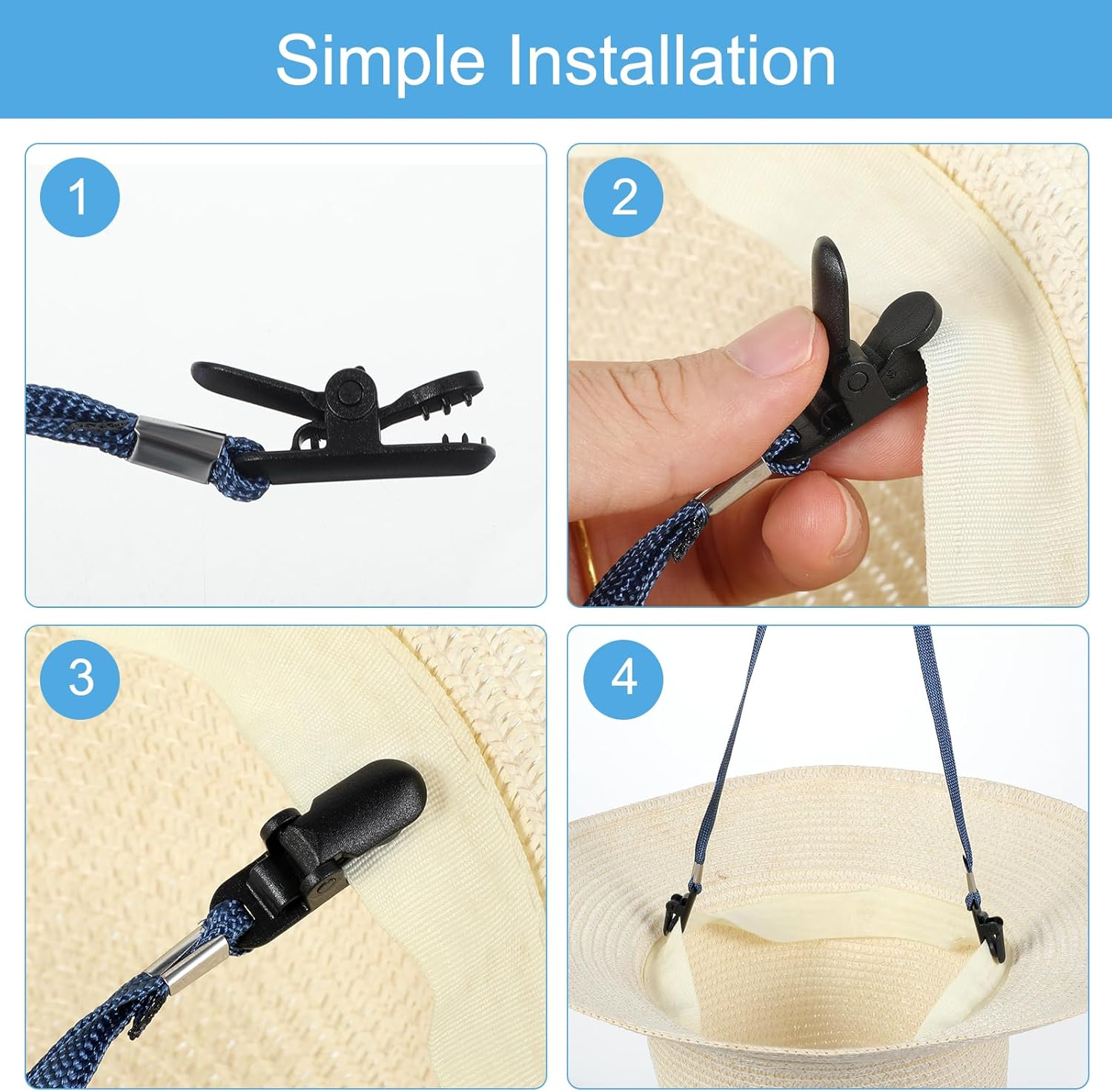 5Pcs Adjustable Hat Strap Clips, Windproof Removable Chin Strap Strap for Hat with Retainer Clip & Cord Lock, Anti-Lost Sun Hat Cap Clips Chin Cord Straps for Golfing Travel Boating Fishing, Black, image number 1