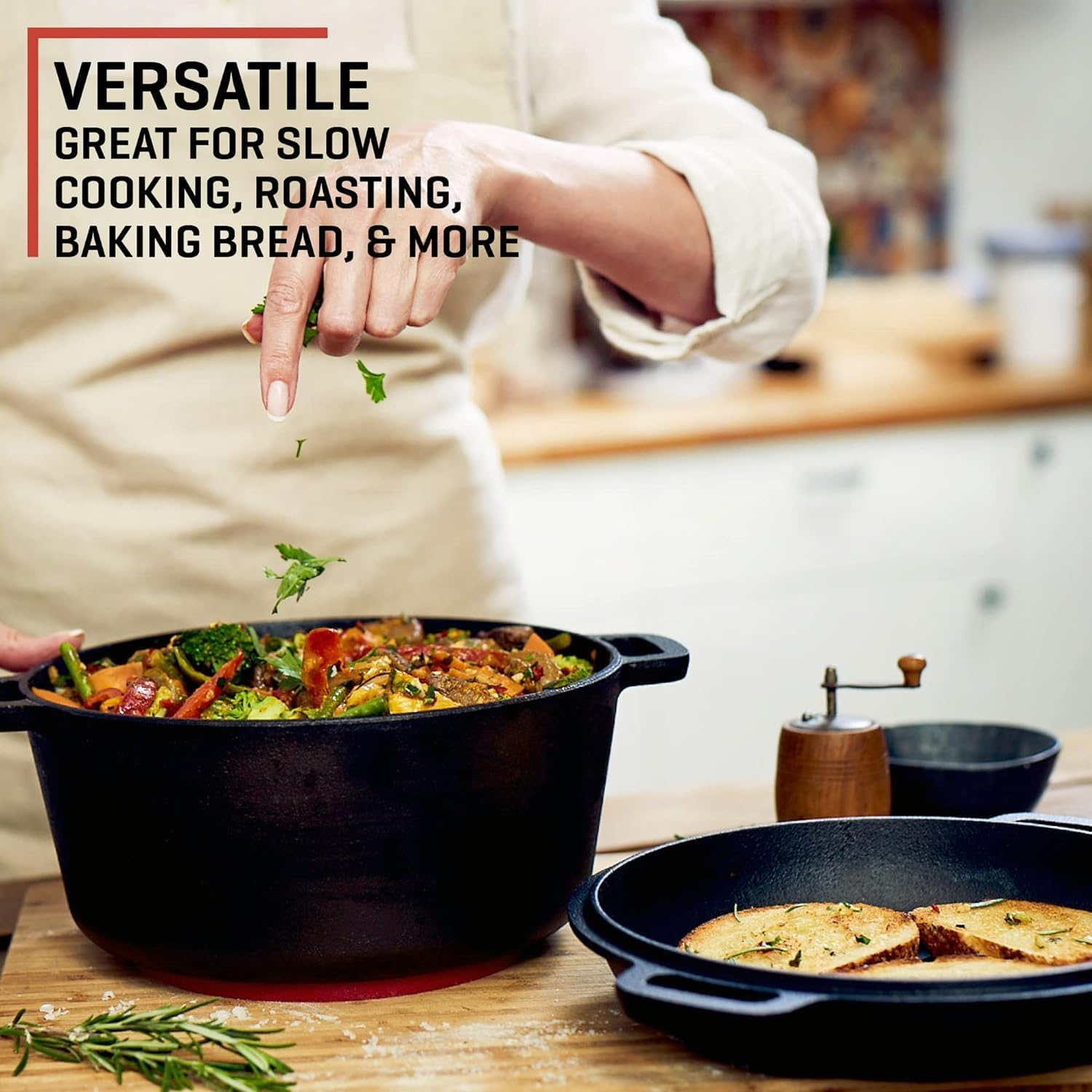 Homodoskey 2 in 1 Pre Seasoned Dutch Oven with Skillet Lid for Induction, Electric, Grill, Stovetop, BBQ, Camping (5.2 Litre Pan) image number 3