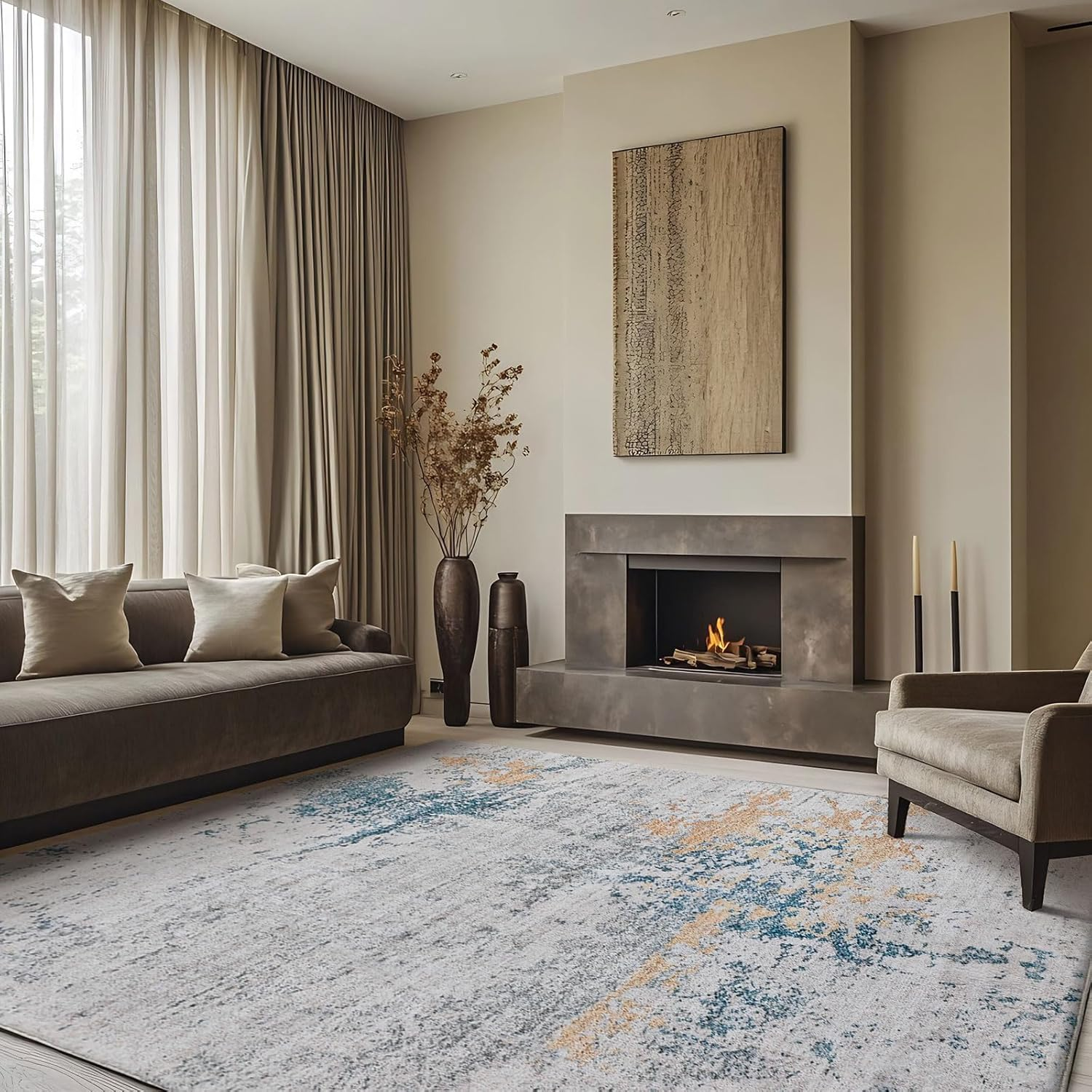 Safunion Area Rugs Living Room Rugs for Bedroom Kitchen Non-Slip Carpet Modern Abstract Rug Soft Floor Mat Home Decor Carpet (Abstract Grey/Blue/Gold/Multi, 200X300Cm)