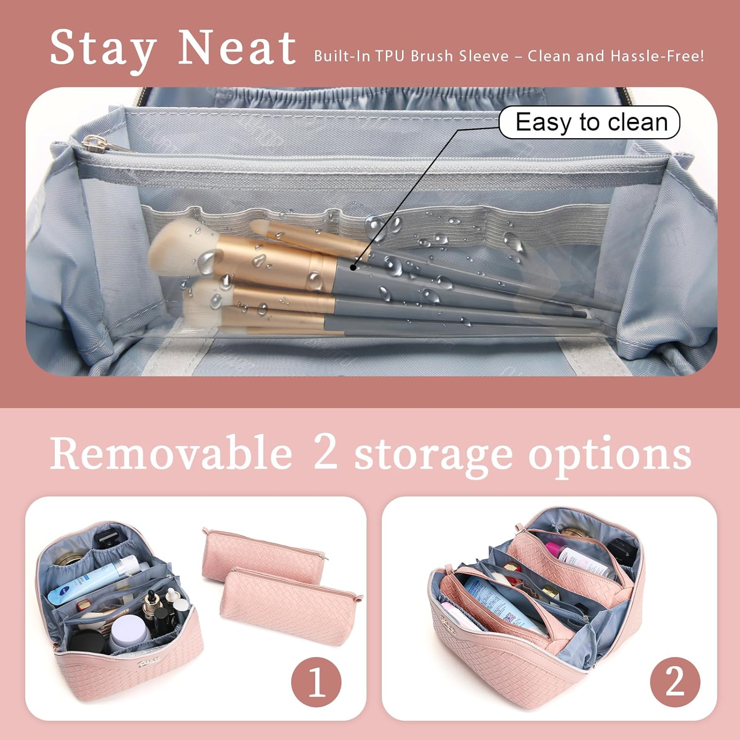 BOYATU Travel Makeup Bag Cosmetic Bags for Women: Large Capacity 3 Pcs Set Make up Bag with Compartments - Waterproof Vegan Leather Toiletry Organizer Bags with Handle (L02 Light Pink)