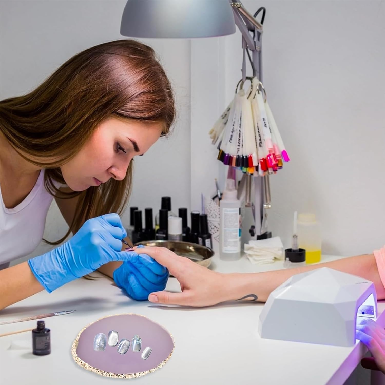 Tavvke 2 Pcs Resin Nail Palette with Stainless Steel Stirring Rod, Nail Art Display Board, Gold-Edged Mixing Board for Polish, Gel, and Makeup (Gray and Purple) image number 2