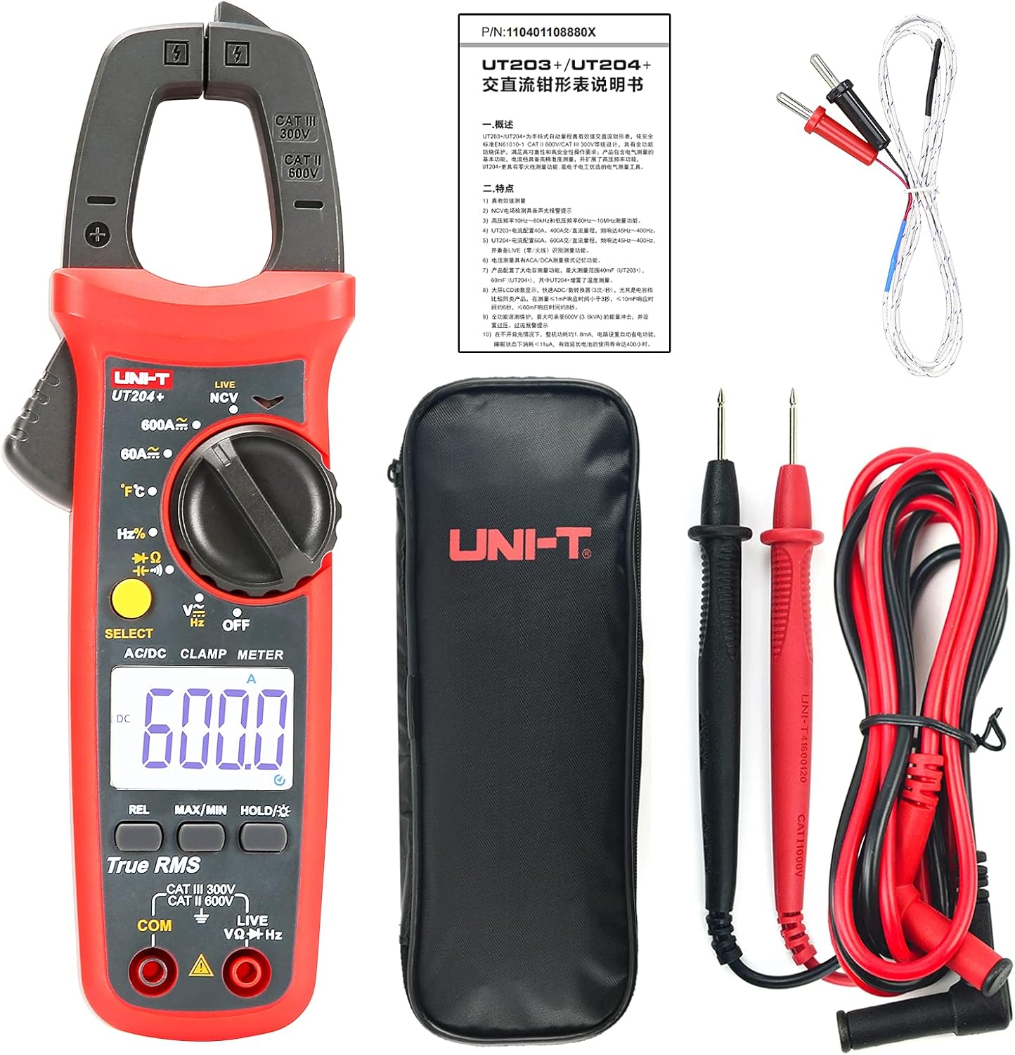 UNI-T UT204+ Digital Clamp Meter Temperature AC DC Current Voltage Resistance Tester Multimeter