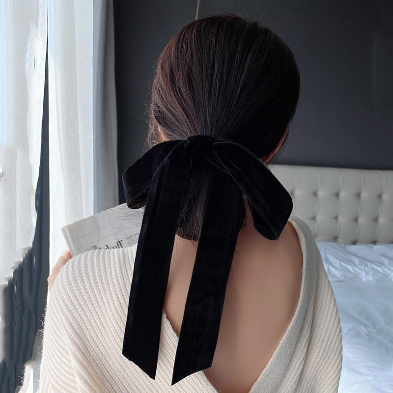 Black Velver Hair Bow Ties for Women Girls Bowknot Hair Scrunchies with Ribbons for Women Elastic Hair Bows Ribbon Ponytail Holder Accessories Bowknots Hair Tie Bows Scrunchie image number 5