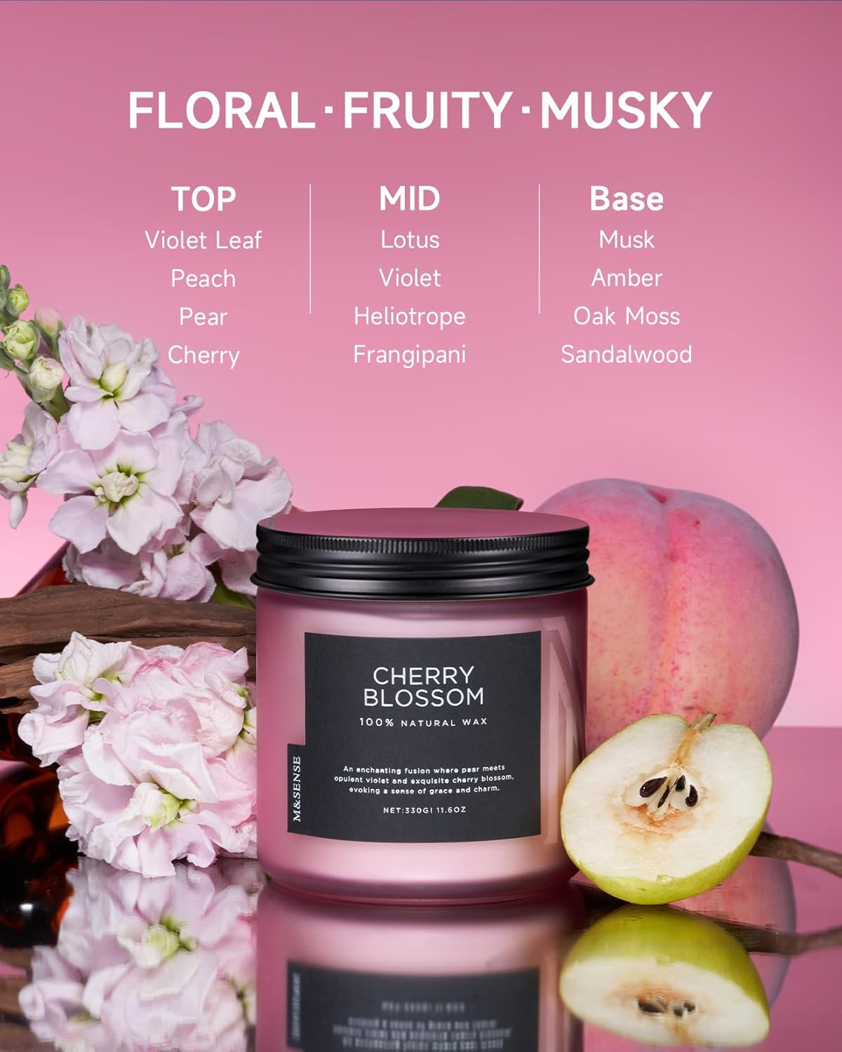 M&SENSE Cherry Blossom Scented Spring Candle, 70 Hours Long Lasting Soy Candles 11.6Oz, Stress Relief Aromatherapy Candles, Romanticcandle for Women, Glass Jar Candle Bedroom Decor image number 3