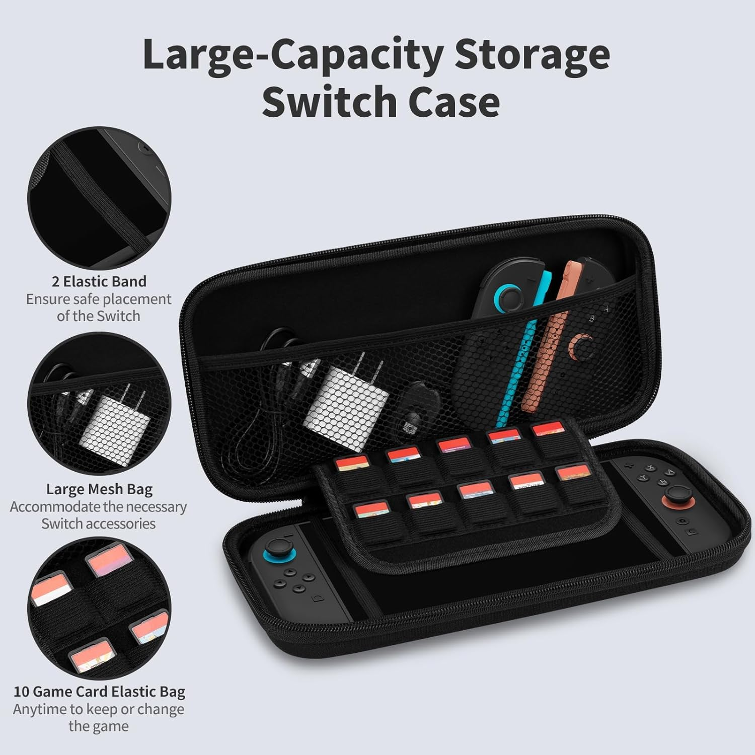 Slim Case and Screen Protector for Nintendo Switch 2, Travel Switch Carrying Hard Shell Case Accessories, Switch2 Carry Cases with Tempered Glass, Thumb Grip Caps, 10 in 1 Bundle Set - Black image number 4