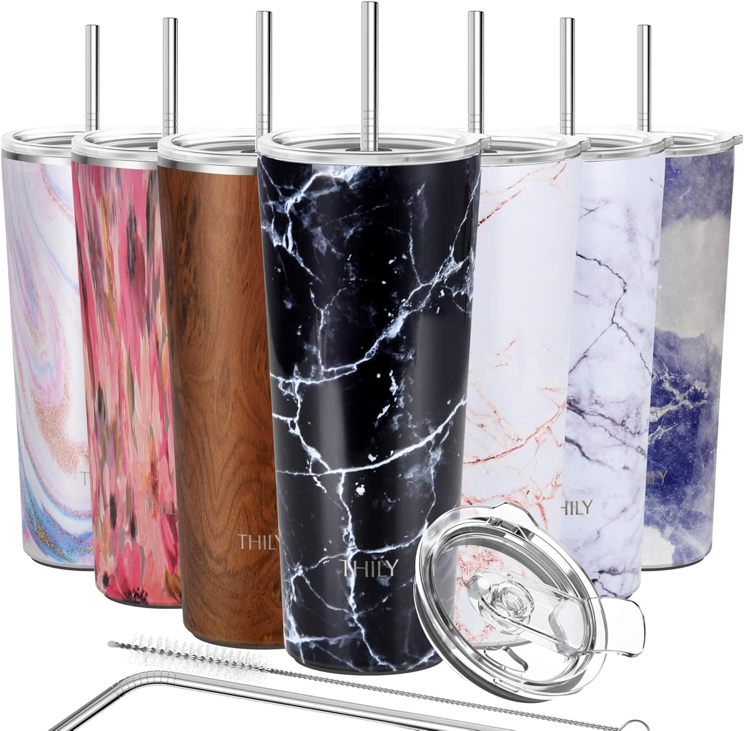 Stainless Steel Vacuum Insulated Tumbler - THILY Travel Mug 26 Oz Coffee Cup with 2 Lids and Straws, Splash Proof, Keep Ice Drinks Cold, Pink Lilies