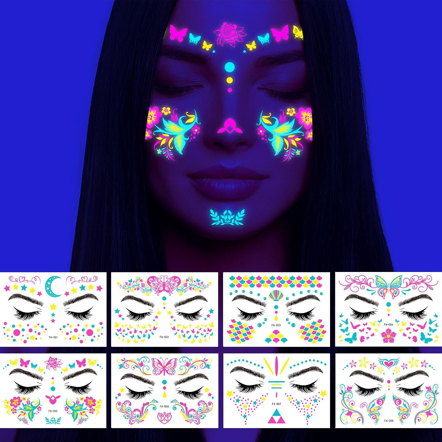 Glow in the Dark Fake Tattoos Stickers, UV Blacklight Neon Temporary Tattoos Stickers, UV Neon Fluorescence Waterproof Makeup Accessory Party Supplies for Adult Girls Women at Glow Party, Rave Festival, 8 PCS