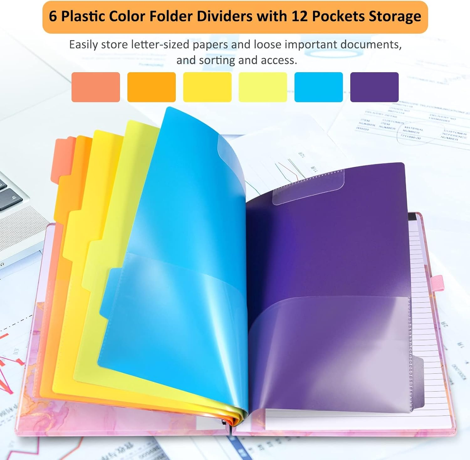 Foldable Storage Clipboard Folio, Spiral Clipboard Folder with 2 Notepad & 6 Dividers, 12 Pockets, Elastic Band, Pen Loop, Clipboard Folder Great for School Office, Letter Size (11" X 8.5"), Marble image number 4