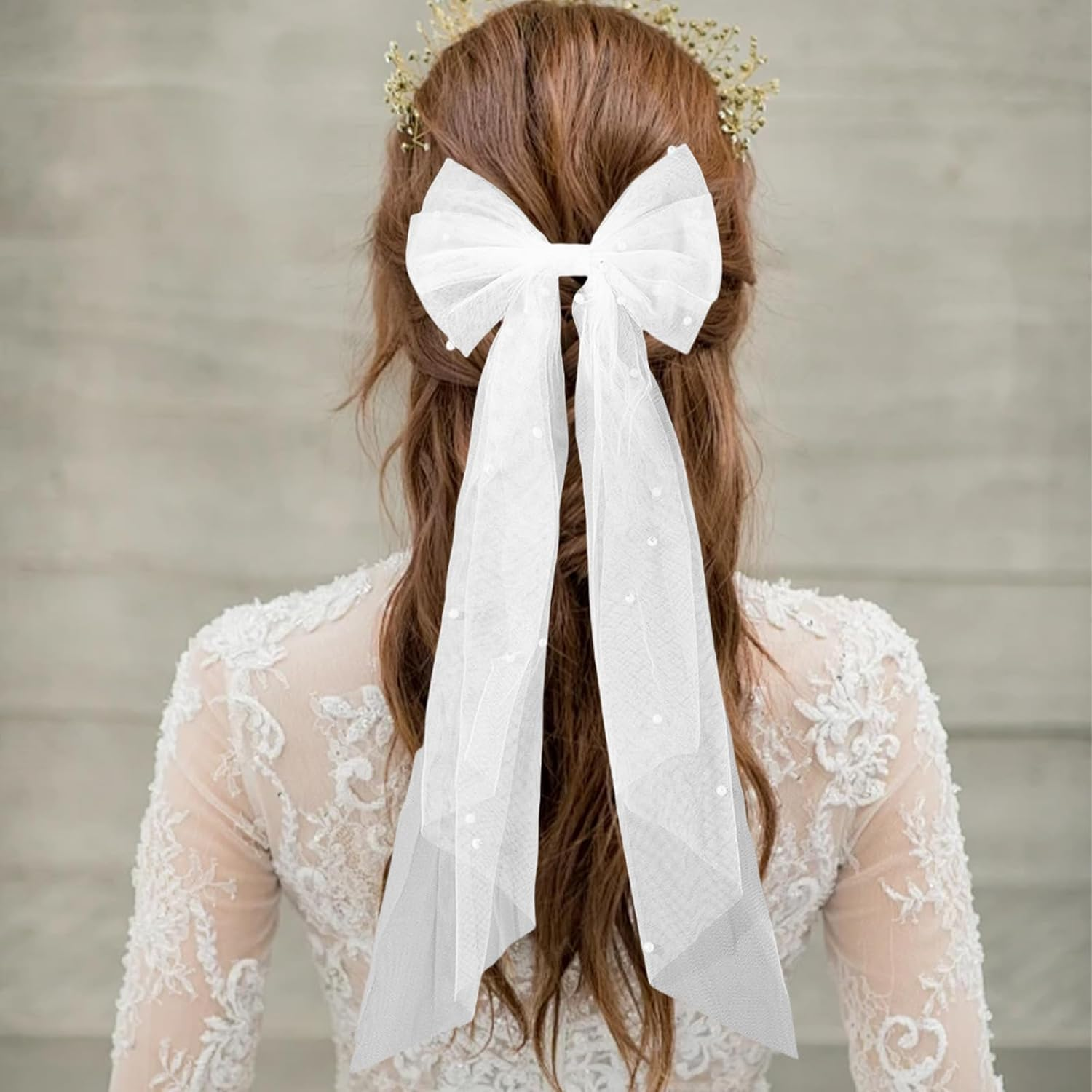 AYNKH 2Pcs Bridal Hair Bow Veil Pearl, White Bow Hair Clips Bridal Sweet Hair Accessories for Women Girls Birthday Shower Bridal Party image number 3