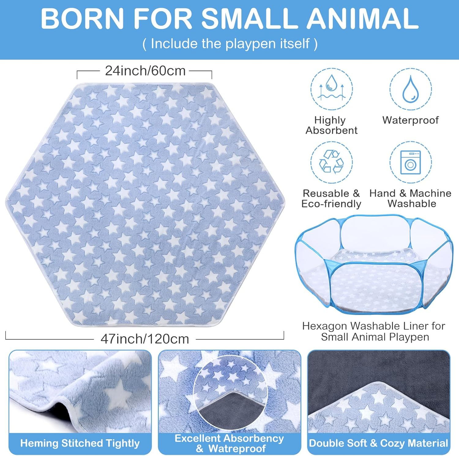Vitalcozy Hamster Playpen with Mat Small Animal Cage Tent Breathable Transparent Guinea Pig Playpen Waterproof Portable Yard Fence Mat Foldable Exercise Playpen Outdoor Indoor (Blue,Star) image number 4