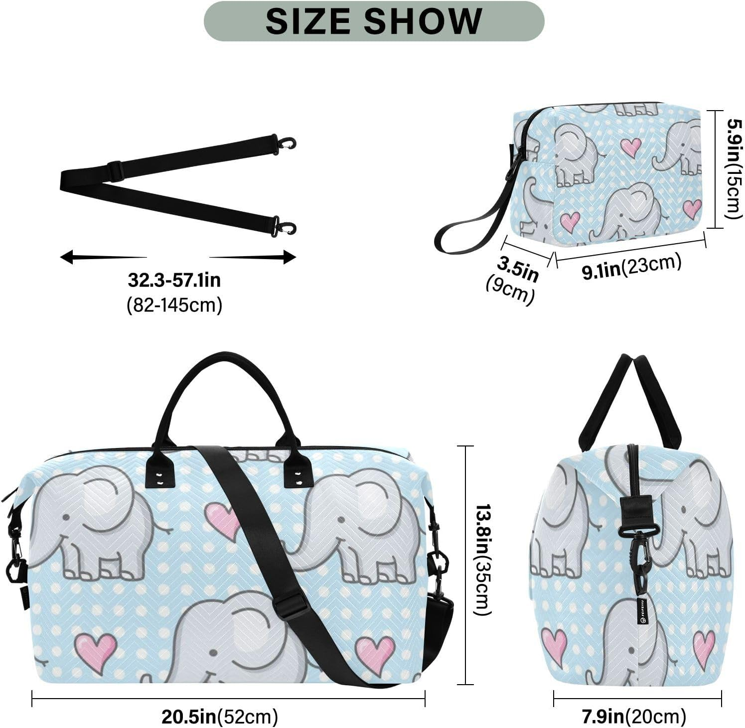 Cartoon Cute Blue Elephant Large Bag Carry on Tote Bag Sports Tote Gym Bag with Toiletry Bag for Sports Waterproof, Cartoon Cute Blue Elephant, 1 Size image number 2