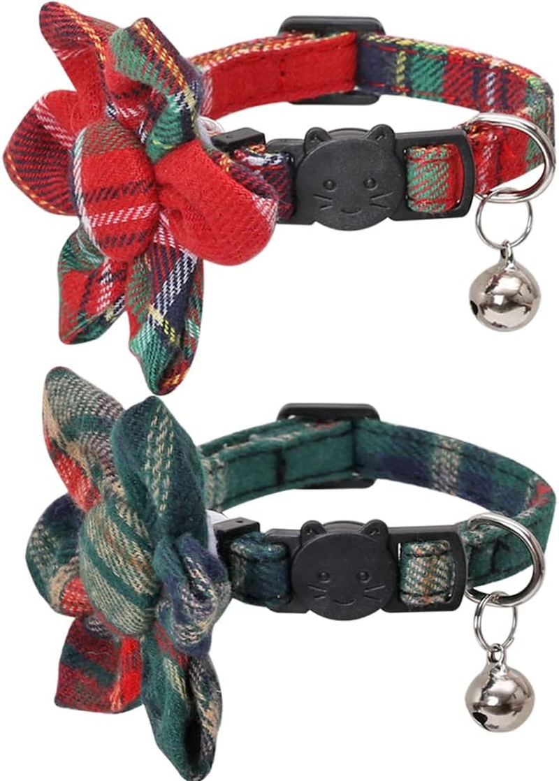 Christmas Cat Collar Breakaway with Cute Removable Bow Tie Bandana and Bell for Kitty Adjustable Safety Plaid