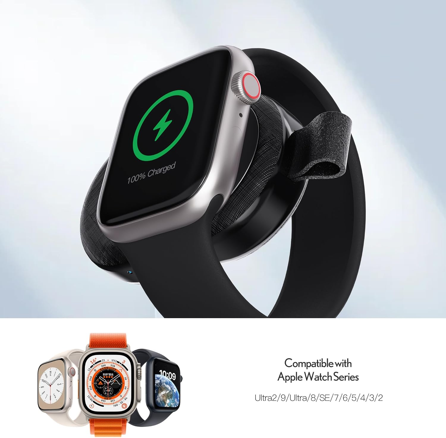 PZOZ Portable Apple Watch Charger, 2000Mah 5W Wireless Power Bank Fast Charging for Apple Watch Series 11 10 9 Ultra 8 7 6 5 4 3 2 SE Travel Mini Powerbank with Keychain (USB C+Lightning) (Black) image number 1