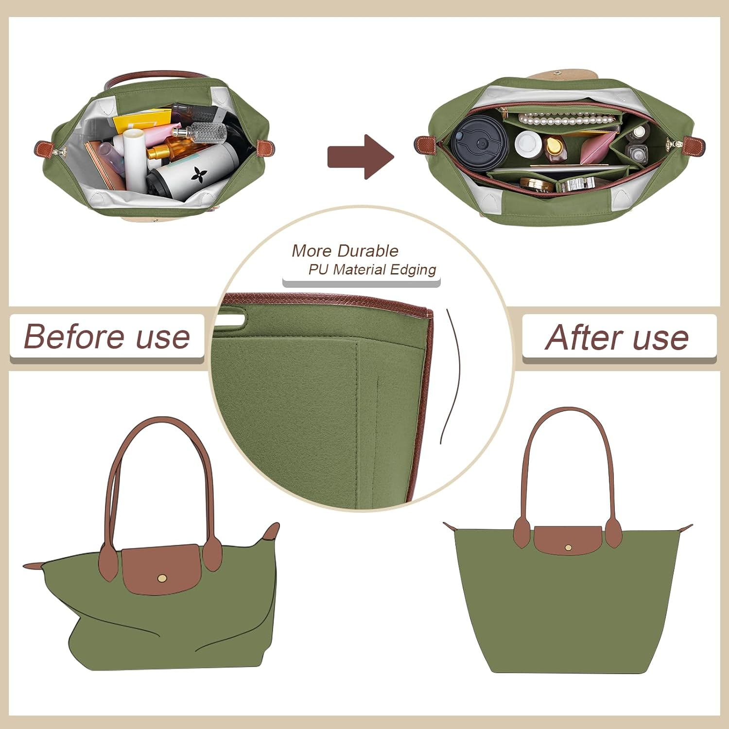 DOIAPUOS Felt Purse Organizer Insert for Longchamp Le Pliage L Bag Handbag Leather Edge Longchamp Organizer Insert (Olive Green, Large) image number 4
