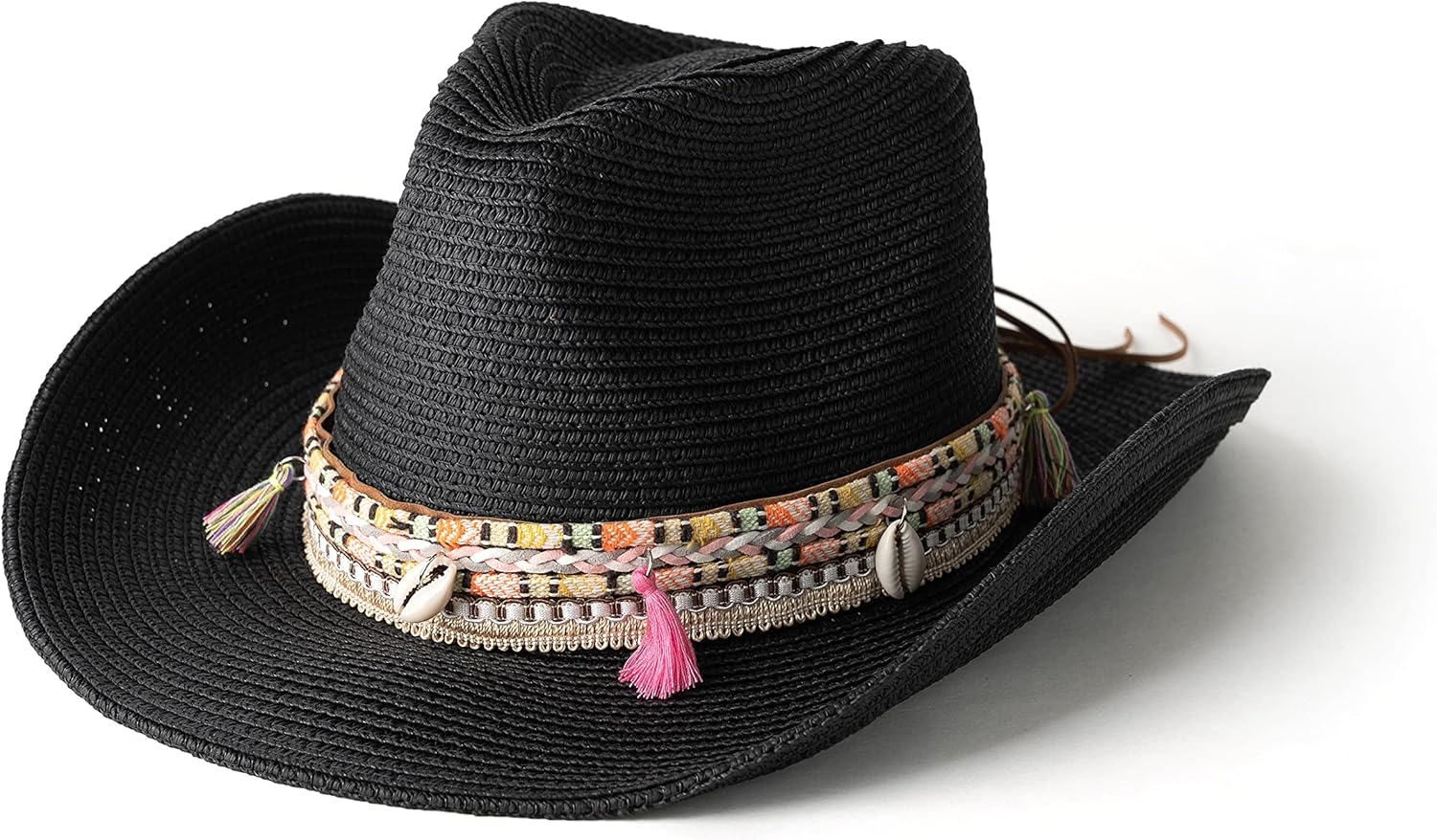 Gossifan Women'S Woven Straw Cowboy Hat W/Beaded Trim Band Hat Beach Holiday Sun Hats