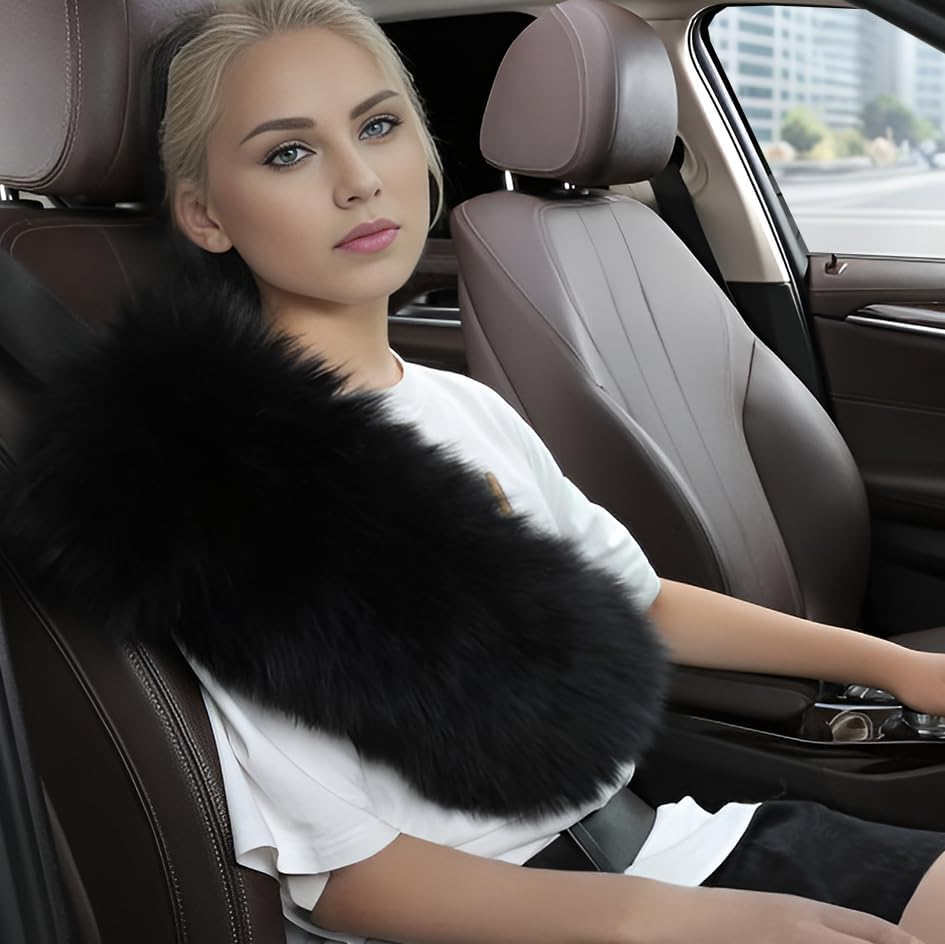 OGLAND 13.4Inch Big Plush Soft Wool Sheepskin Seat Belt Covers, Fluffy Seatbelt Pads for Pacemaker Adults Kids Women Universal Car Cushions,1 Pack Dark Red