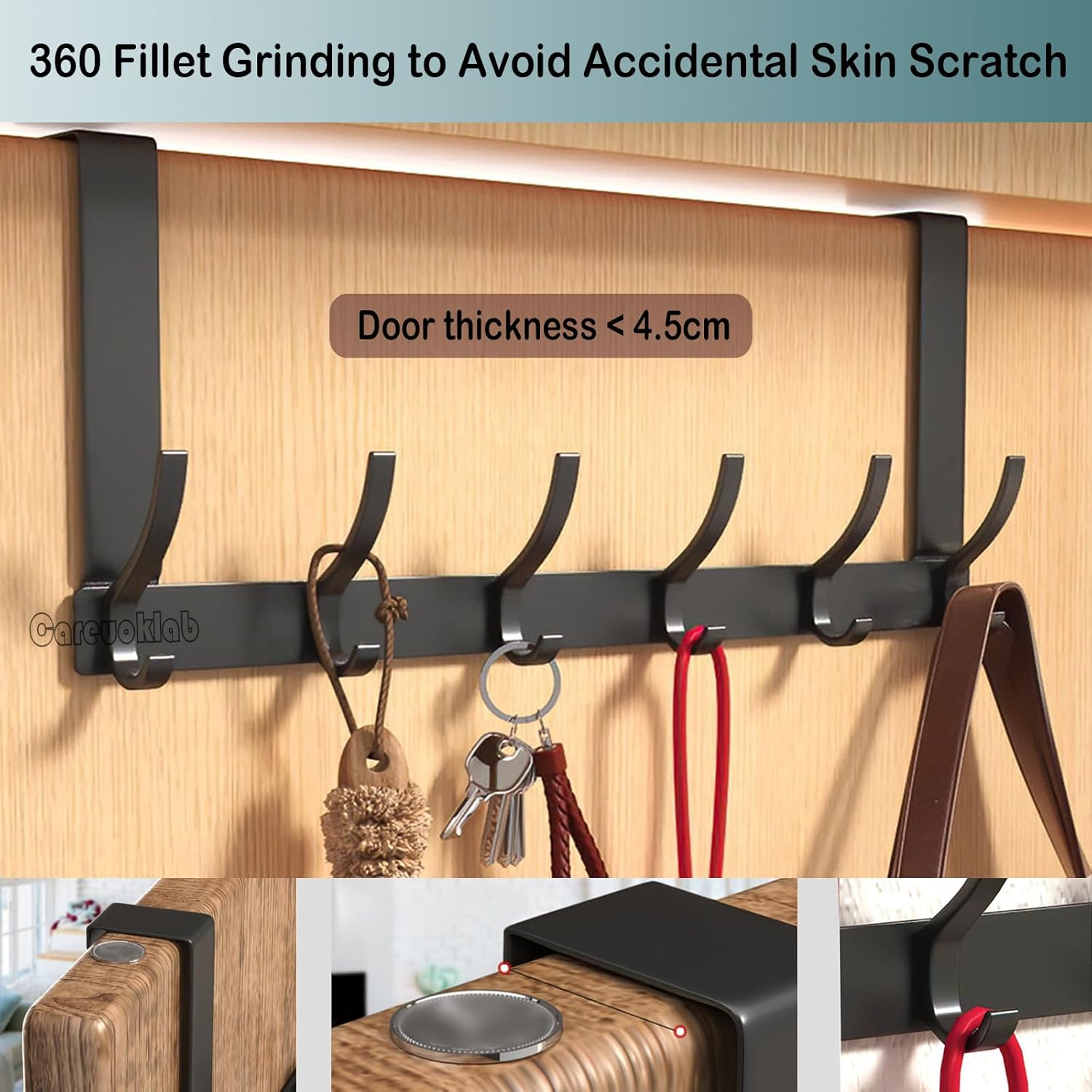 Careuoklab 2 Pack over the Door Hooks Hanger, Coat Rack for Hanging Clothes Hats Bags Towels Umbrellas Keys of Bedroom Bathroom Kitchen(Black 6 Hooks) image number 3