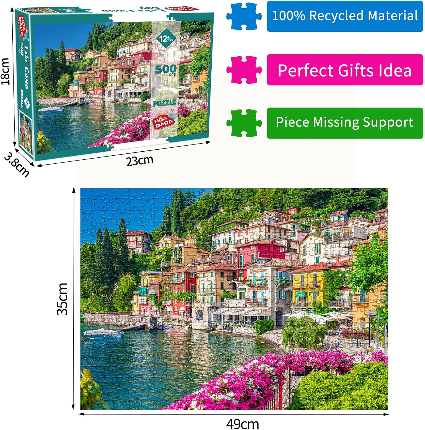 HUADADA Jigsaw Puzzles for Adults 500 Pieces, Puzzles for Adults 500 Piece, Challenging Game Toys, Impossible Puzzle, Family Decoration Puzzle - Lake Como image number 1