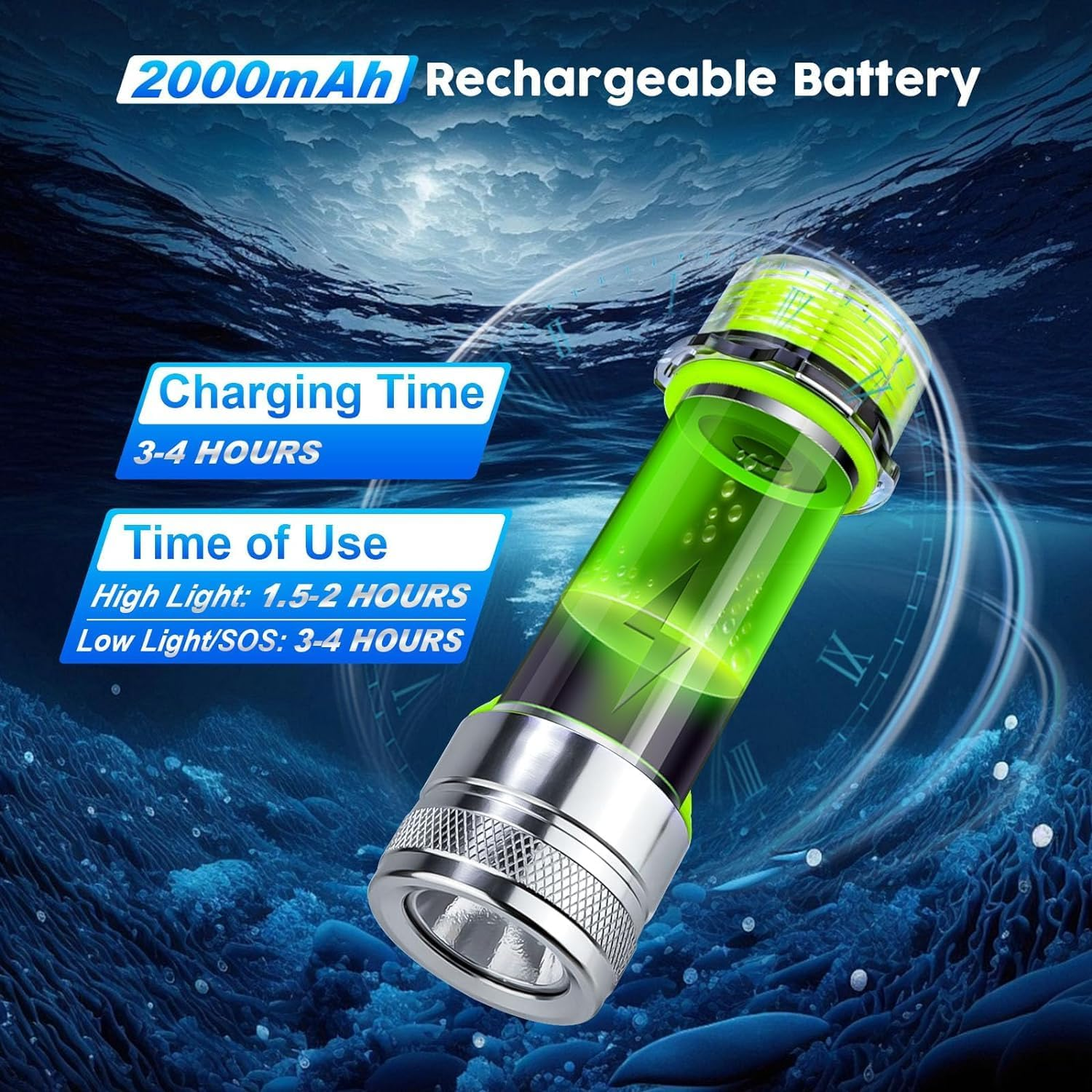 Bluefire Rechargeable Diving Flashlight,1500 Lumen Scuba Dive Torch, IPX-8 Waterproof Diving Torch Tactical Flashlight Night Dive Torch Submersible Light for Outdoor Underwater(1 Pack) image number 6
