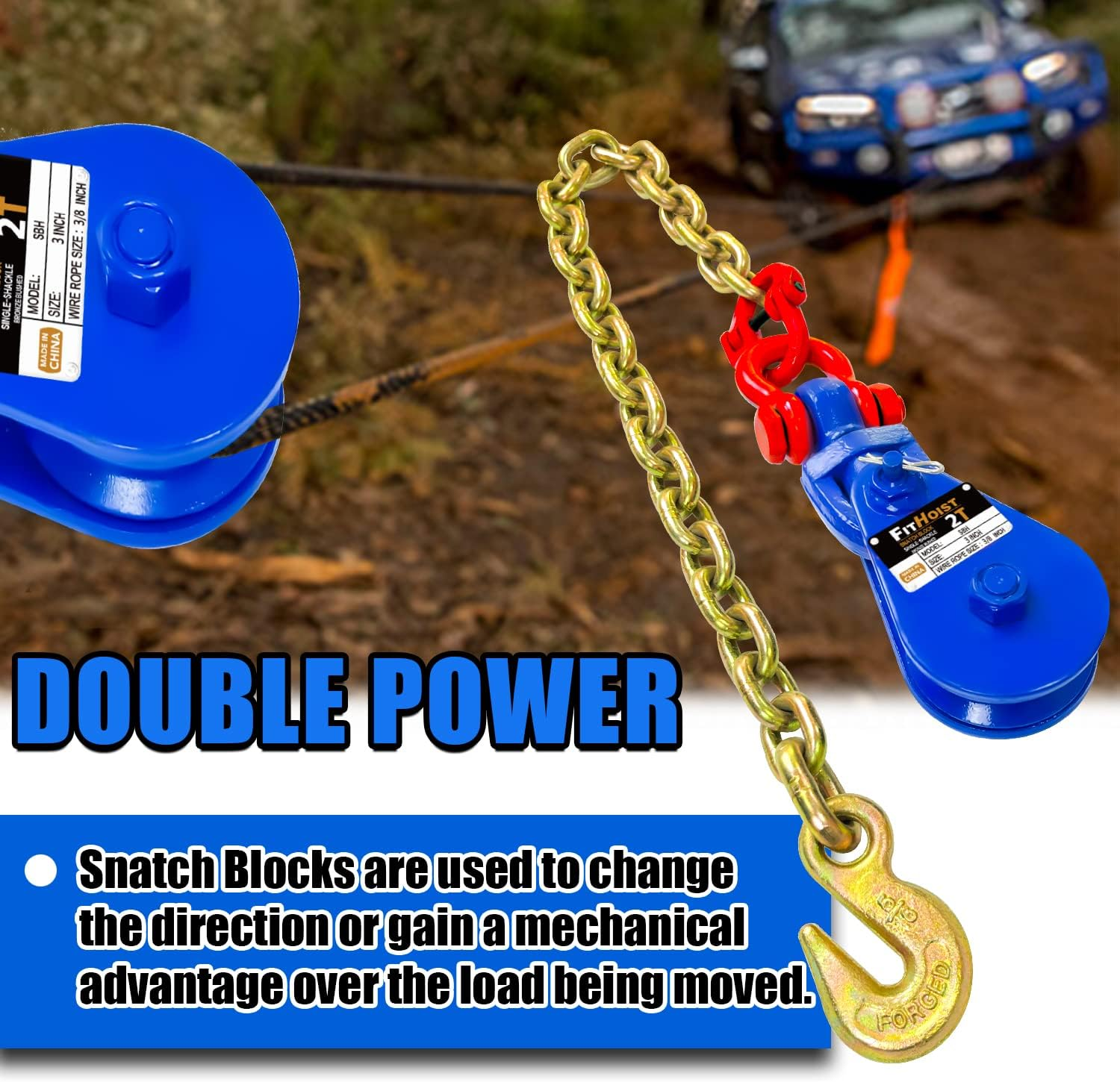 FITHOIST 2 Tons Snatch Block with G80 Chain | 3" Sheave for 3/8" Inch Wire Rope | High Strength Snatch Blocks for Towing and Recovery Applications | Tow Truck Rollback Wrecker Car Hauler Winch image number 1