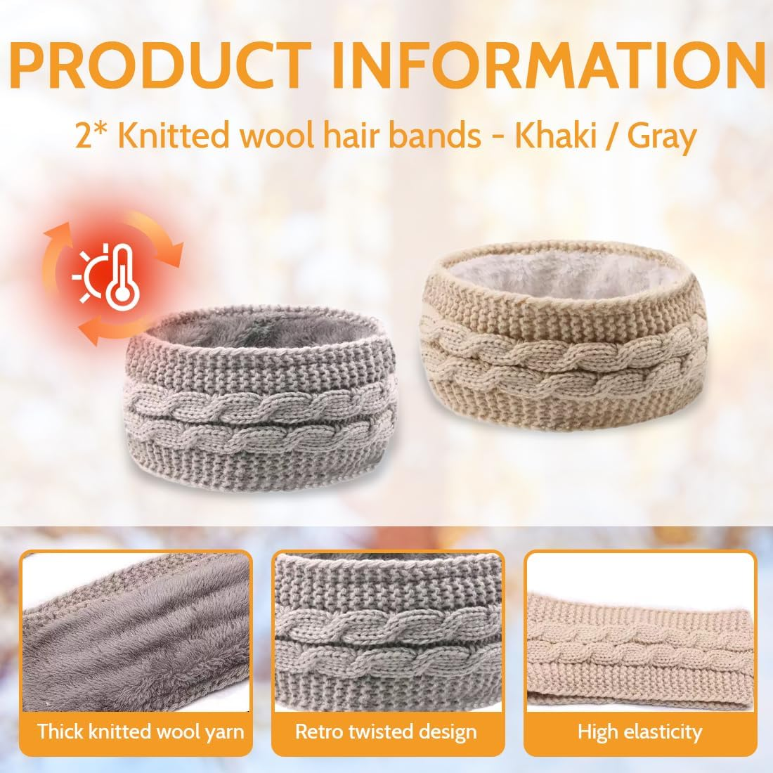 GGUFAY Women'S Winter Headband, Knitted Warm Headbands, Ear Warmers, Headband, Hair Band, Thick for Women and Girls, Elastic Crochet Thermal Headband (Khaki, Light Grey) image number 4