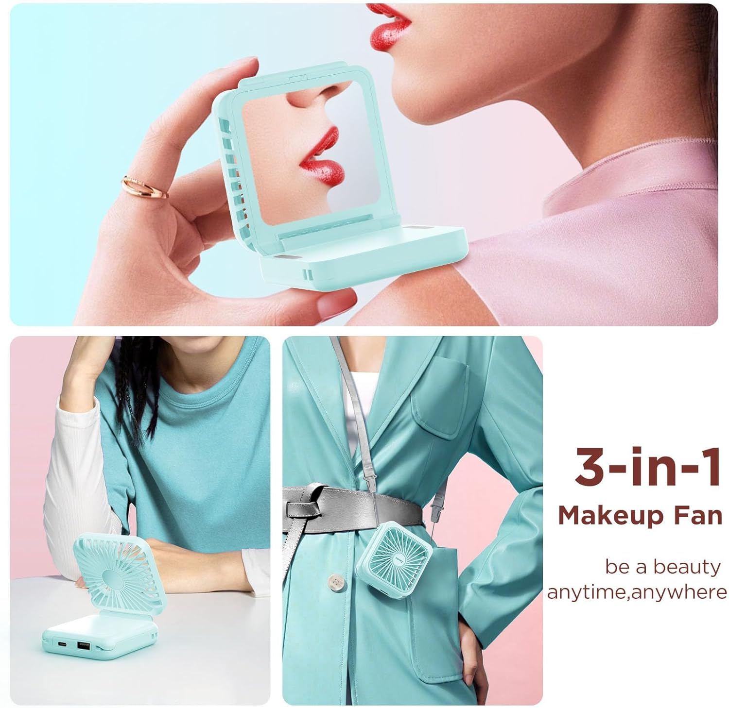 Rechargeable Portable Hands Free Fan, Mini Makeup Fan, 5 Speed, Mirror, Phone Stand, 2500Mah Backup Power, Digital Display, 32H Max Cooling Time, Neck Lanyard Battery Hand Fan for Travel