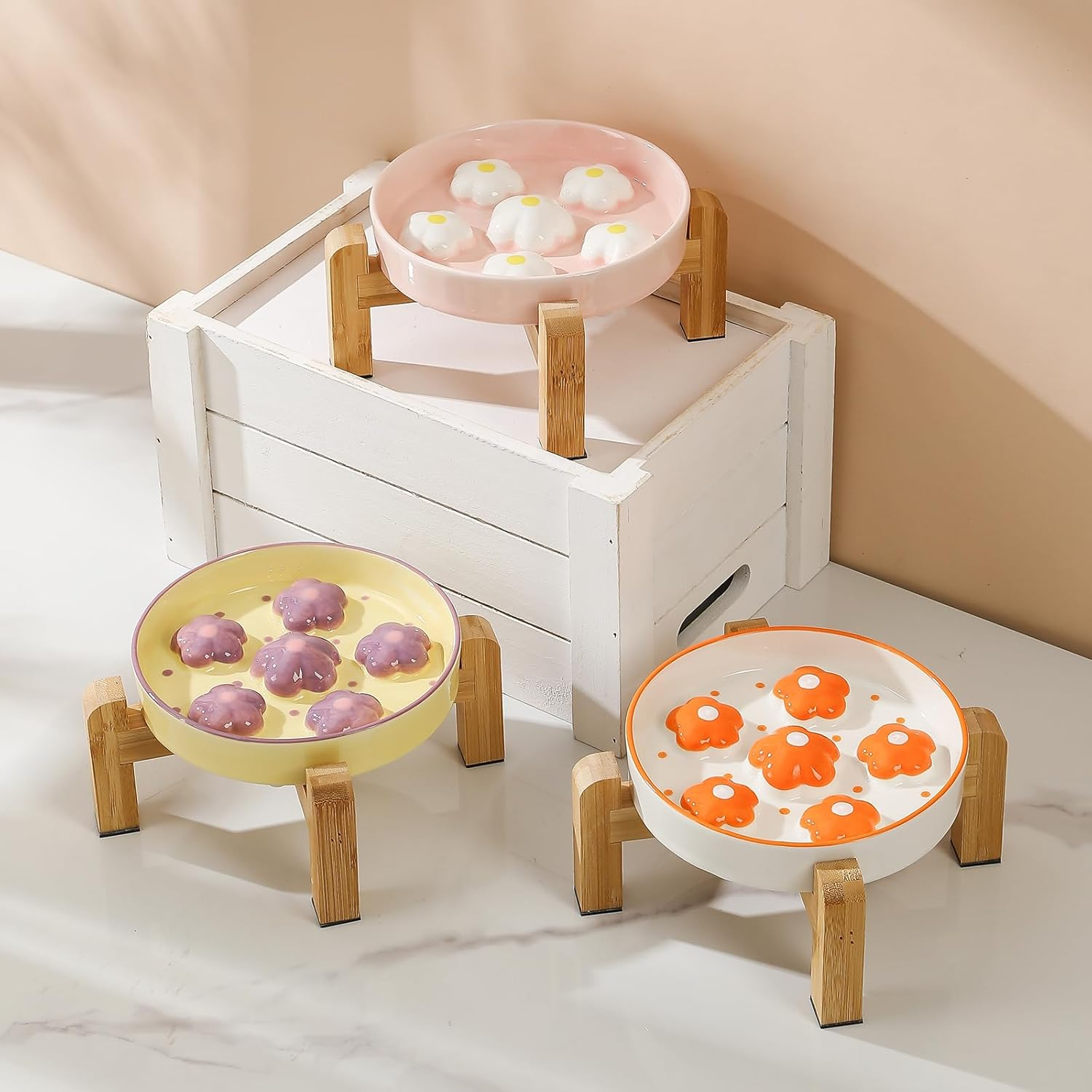 Elevated Slow Feeding Cat Bowl - Raised Anti-Slip Bamboo Stand - Colorful Maze Cat Dish - 6 OZ - Bright Orange Flower - Purple image number 3