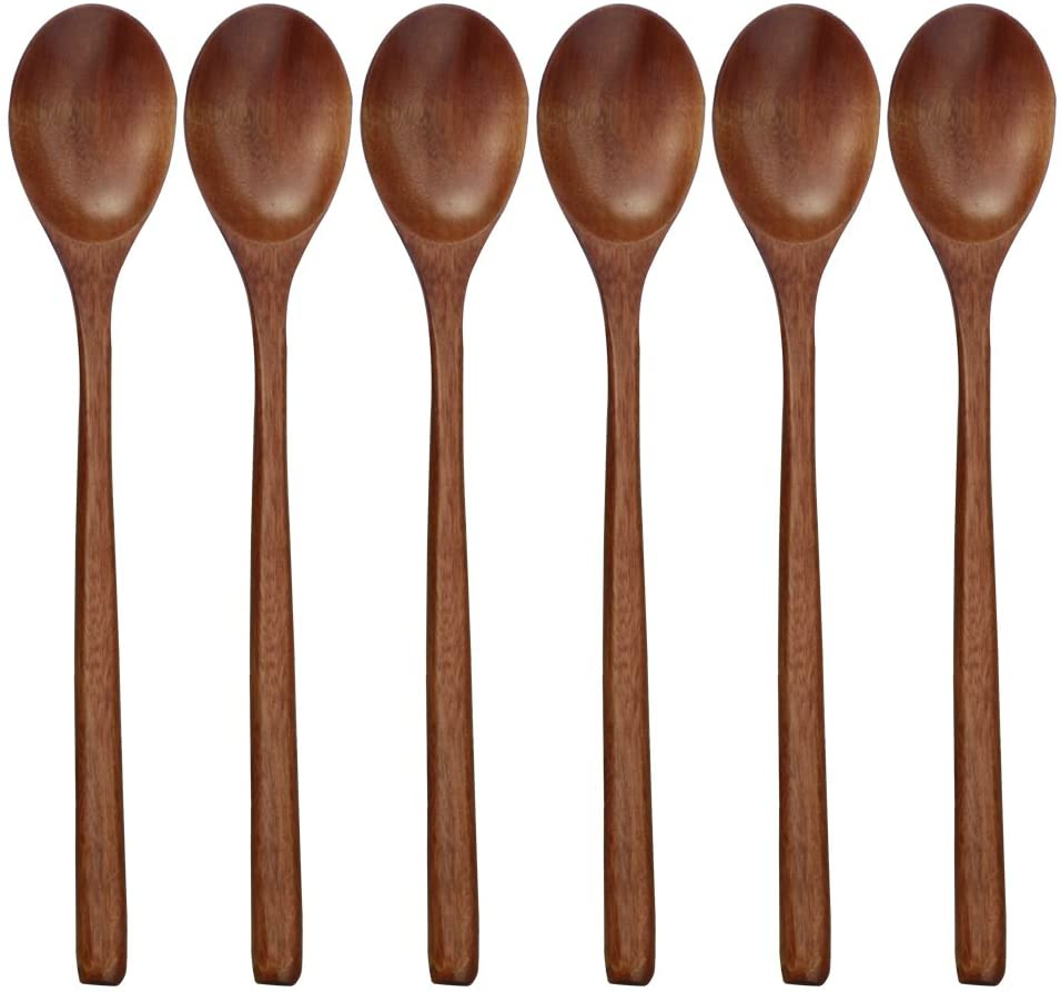 Wooden Spoons, 6 Pieces Wood Soup Spoons for Eating Mixing Stirring Cooking, Long Handle Spoon with Japanese Style Kitchen Utensil, ADLORYEA Eco Friendly Table Spoon