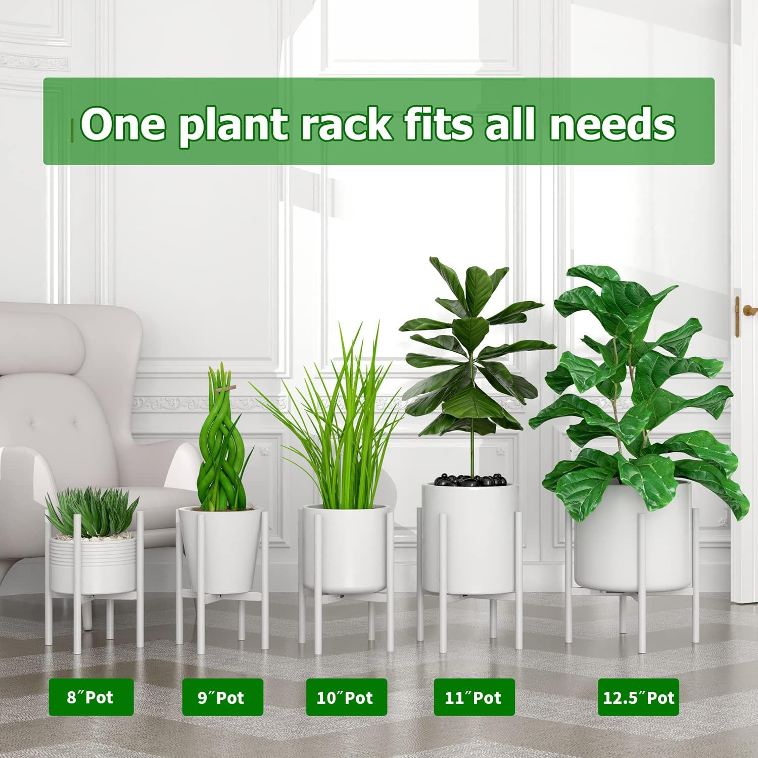 EKNITEY Adjustable Plant Pot Stand: Indoor Outdoor Modern Flower Holder Metal Plant Rack Organizer Planter Stand for Garden Patio Corner Bathroom Living Room Balcony Home Office (White) - Black image number 6