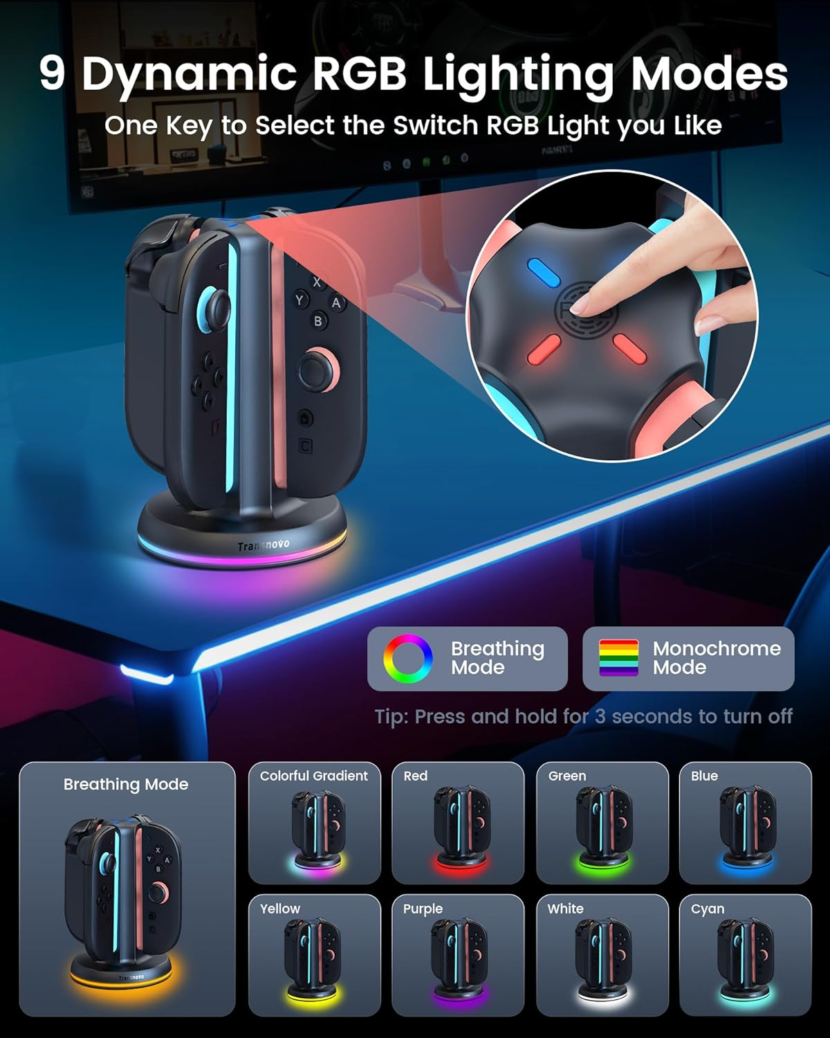 TRANSNOVO Charging Dock for Nintendo Switch 2 Joycon, 4-Slot Dual-Side Magnetic Fast Charger, 9 RGB Modes, Circuit Protection, Heat Dissipation, Switch 2 Accessories for Multiplayer Gaming image number 2