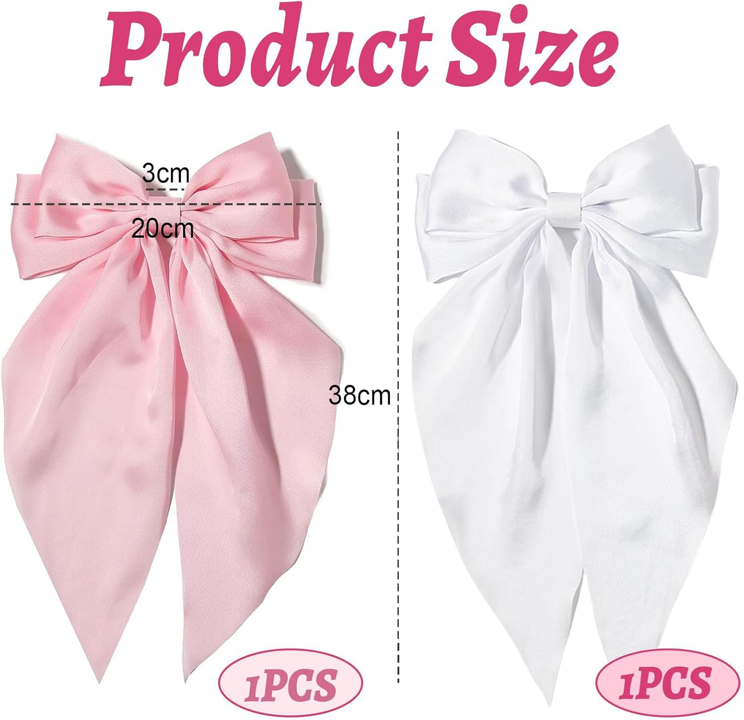 Kinretixia&reg; 2 Pieces Hair Bow Clips for Women Large Satin Hair Bows Long Tail Alligator Clips Big Hair Bow Girls Hair Pink/White