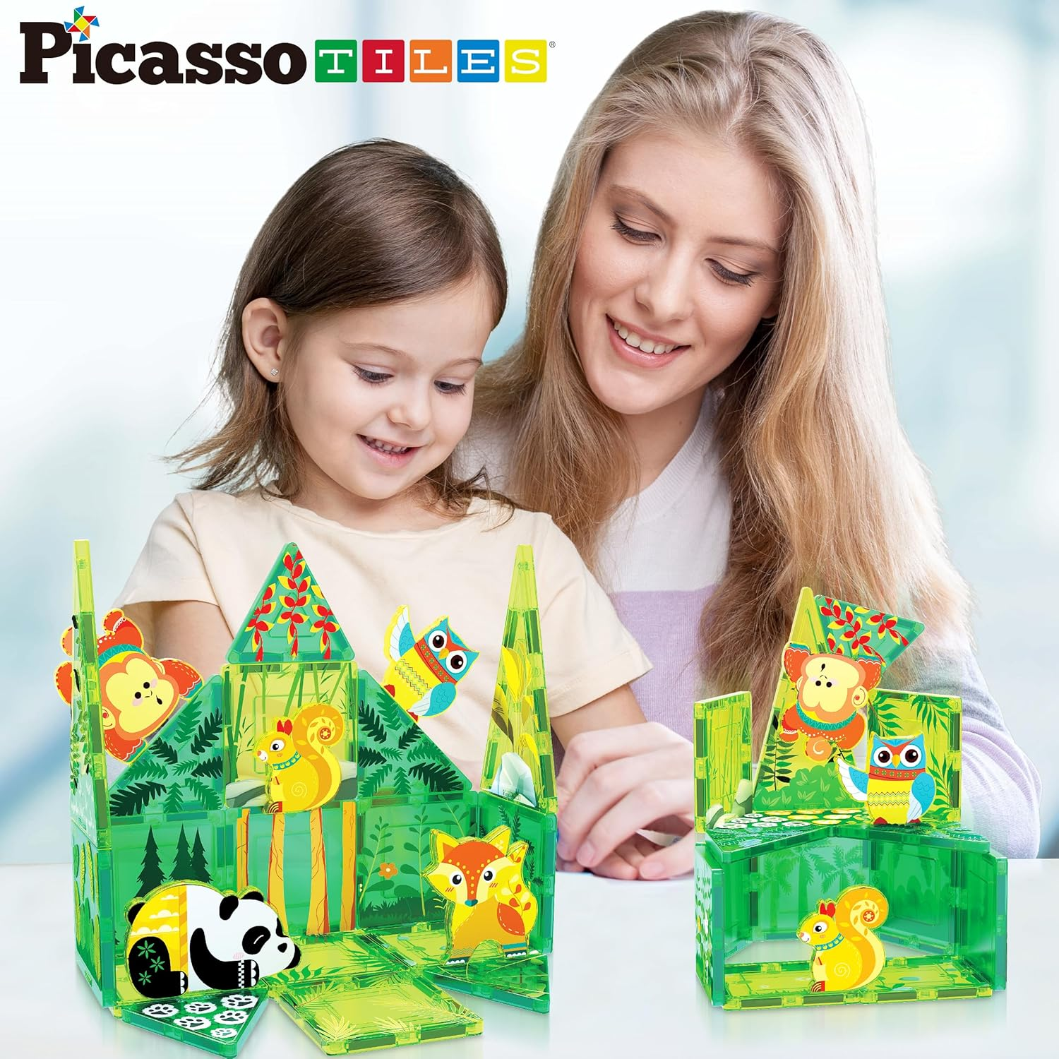 Picassotiles Magnet Tile Building Blocks Forest Animal Themed Playset with 8 Character Action Figures Educational STEM Learning Construction Kit Pretend Play Magnetic Tiles Toddler Kids Ages 3+ PTQ26