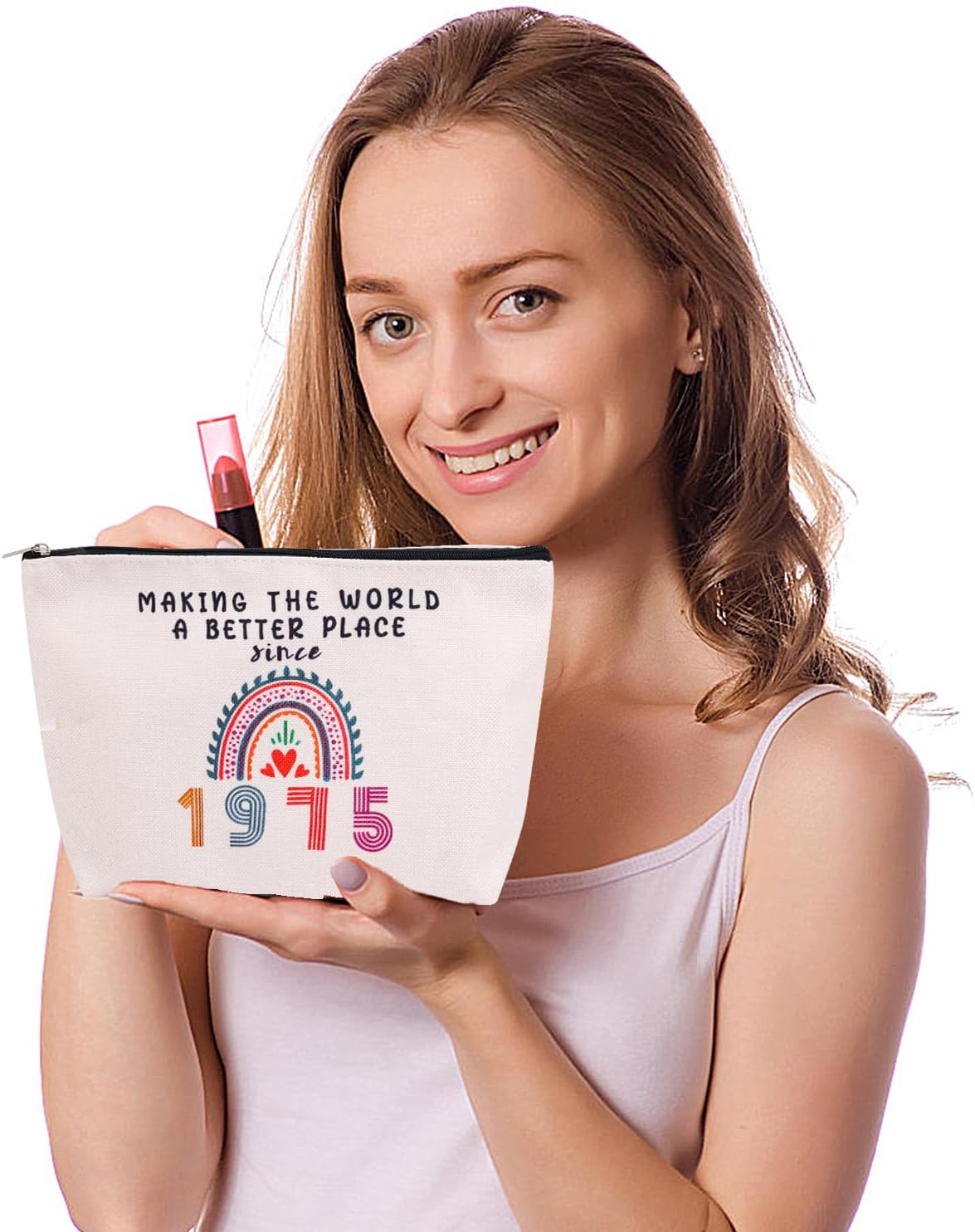 50Th Birthday Gifts for Women, Linen Travel Makeup Bags 1975 50 Year Old Birthday Gifts Cosmetic Bag Storage Bag with Zipper for Mother Wife Aunt Best Friends Sister, Off-White image number 5