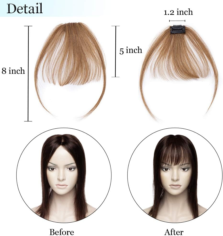 Clip in Bangs Real Human Hair Bangs Hair Clip on Bangs Extensions Thin Wispy Front Fringe Bangs Hairpieces Side Bangs with Temple Flat Bangs Hair Clip Top Hairpiece for Women 5G #06 Light Brown image number 7