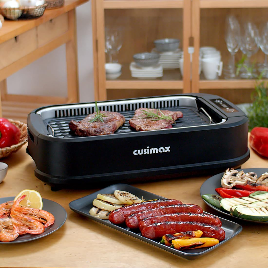 CUSIMAX Indoor Grill with Double Grill Plates, 1500W Electric Smokeless Grill with LED Smart Display & Tempered Glass Lid, Non-Stick Removable Grill & Griddle Plate, Easy to Clean image number 3