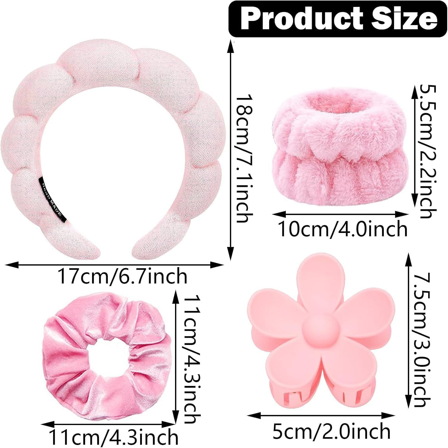 SHUNYUNG Skincare Headband Set, 6 Pieces Pink Spa Headband with Wristbands and Hair Clips image number 6